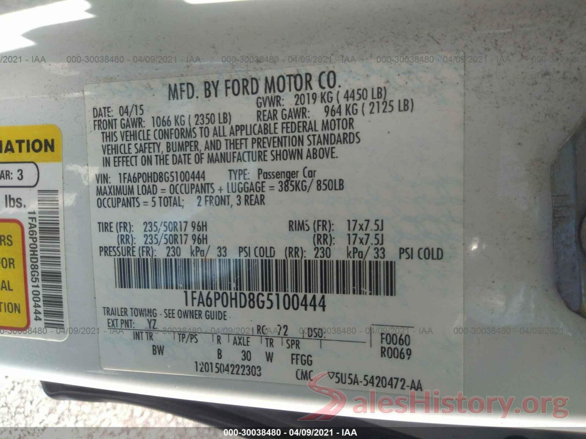 1FA6P0HD8G5100444 2016 FORD FUSION