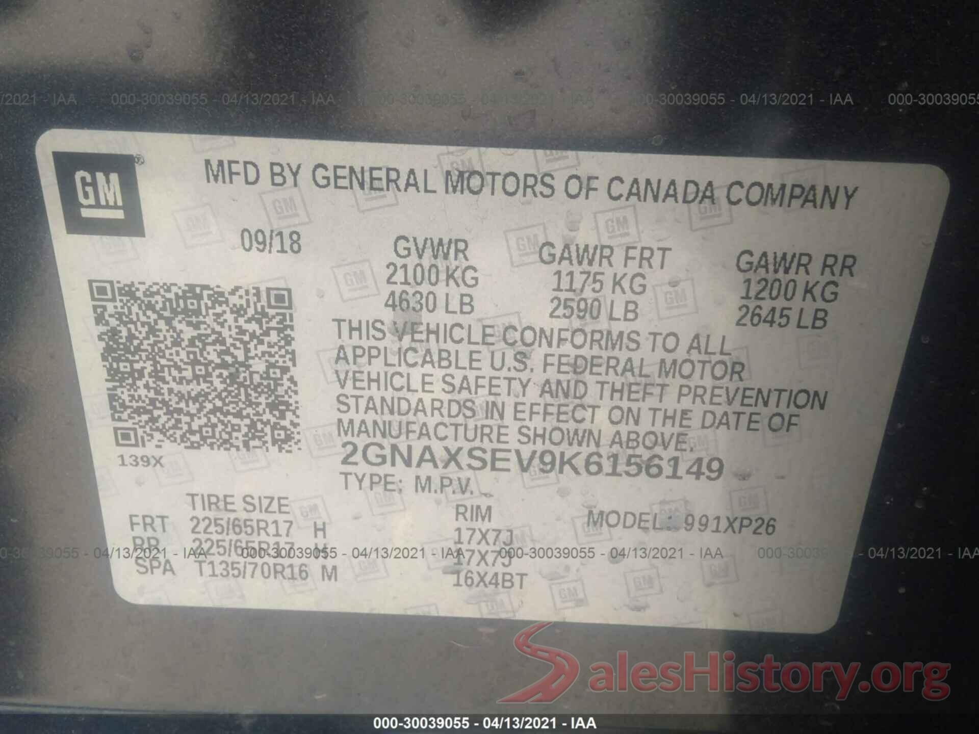 2GNAXSEV9K6156149 2019 CHEVROLET EQUINOX