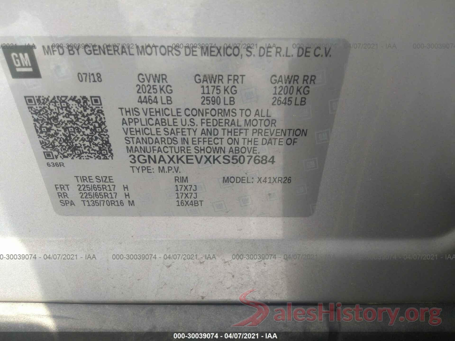 3GNAXKEVXKS507684 2019 CHEVROLET EQUINOX