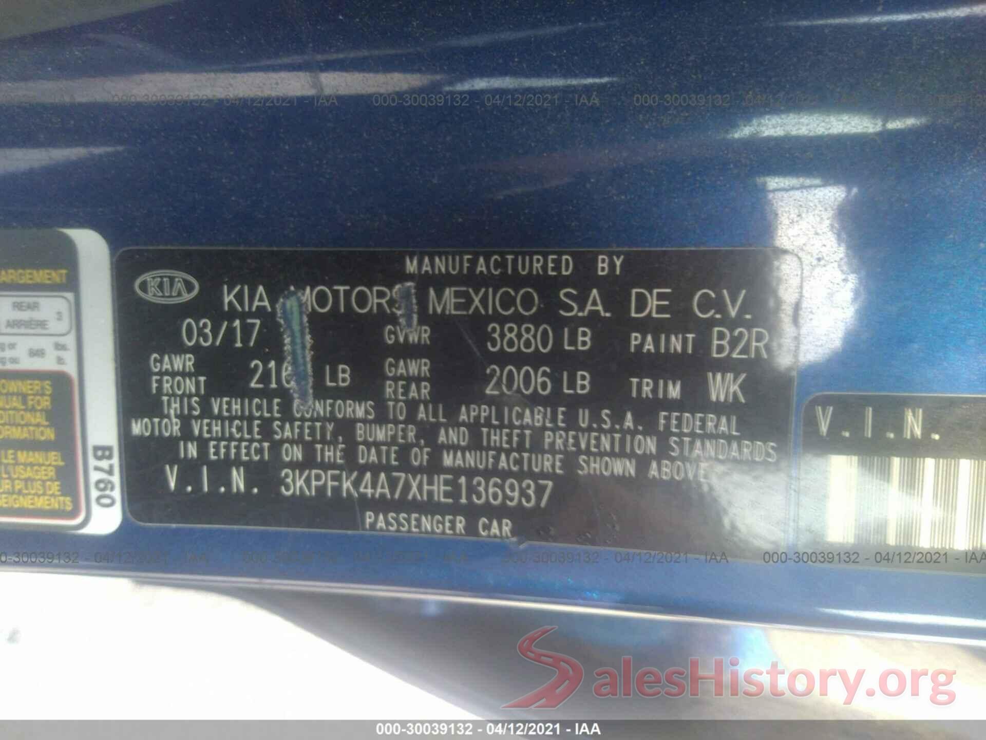 3KPFK4A7XHE136937 2017 KIA FORTE