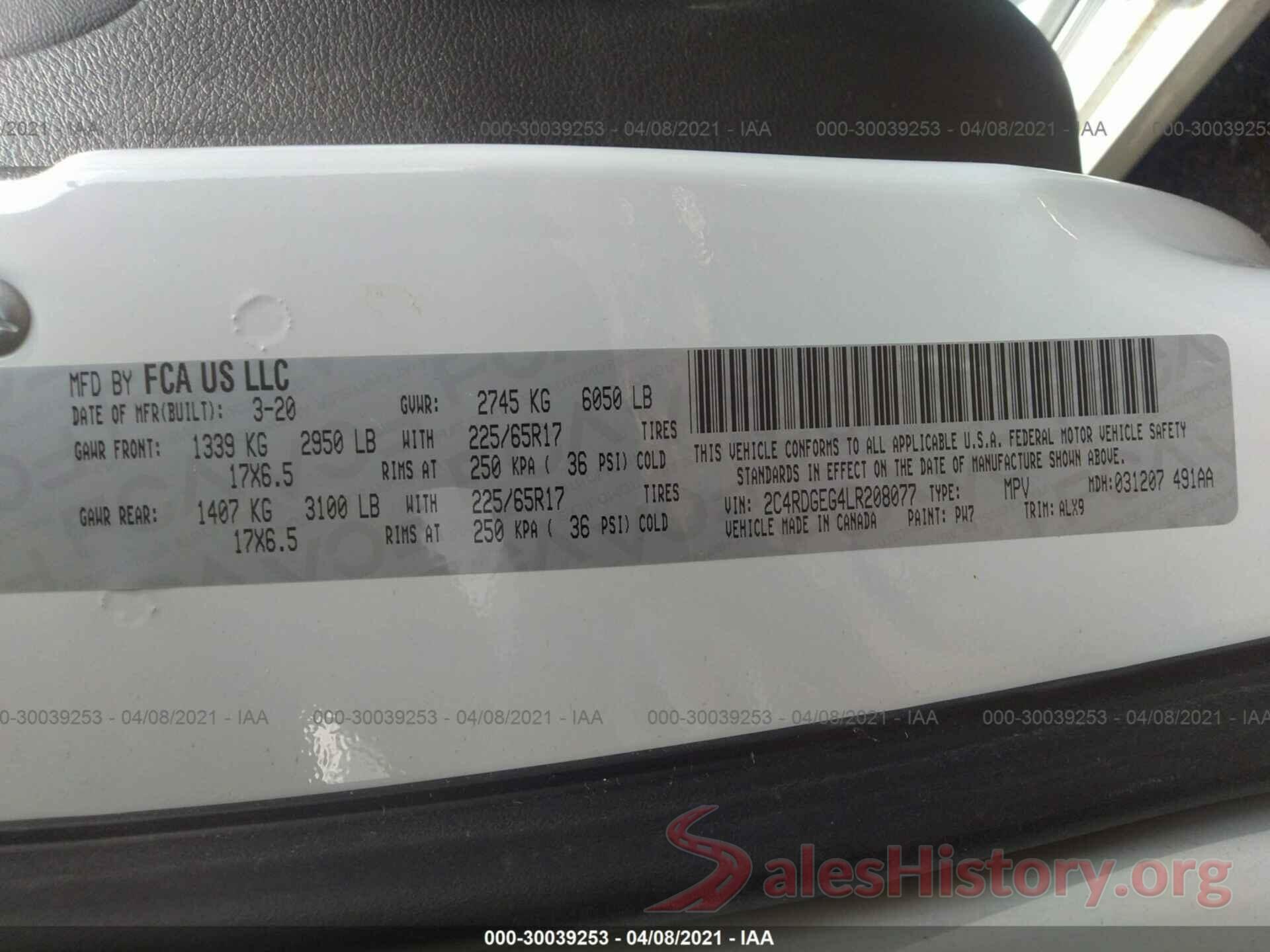 2C4RDGEG4LR208077 2020 DODGE GRAND CARAVAN