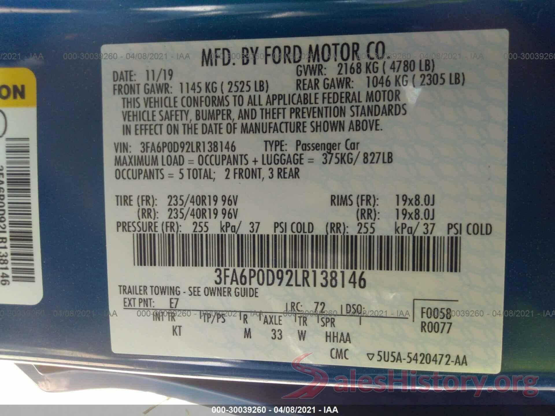 3FA6P0D92LR138146 2020 FORD FUSION