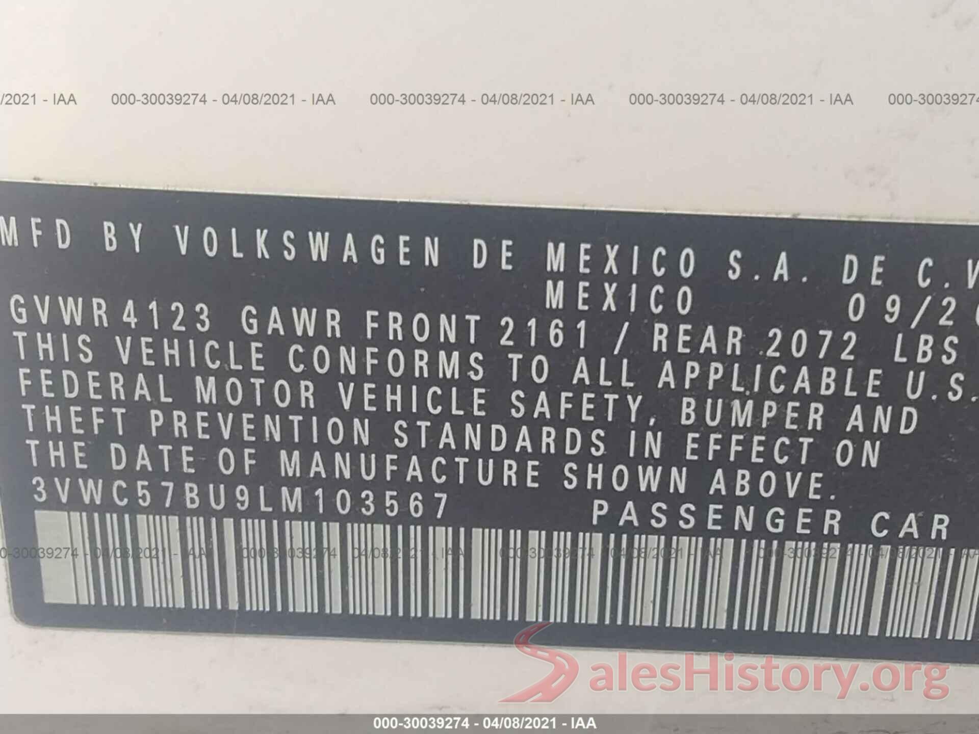 3VWC57BU9LM103567 2020 VOLKSWAGEN JETTA