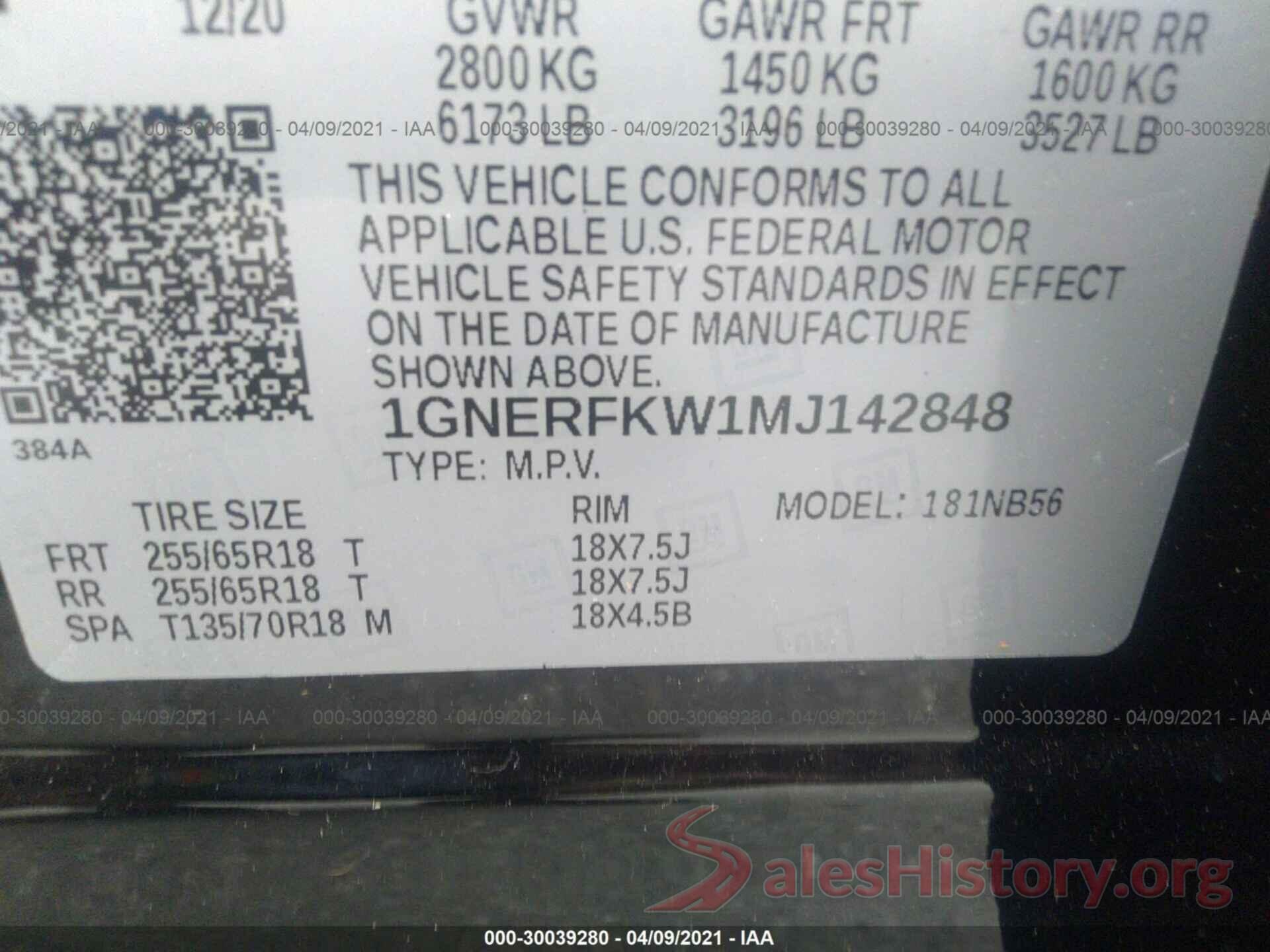 1GNERFKW1MJ142848 2021 CHEVROLET TRAVERSE