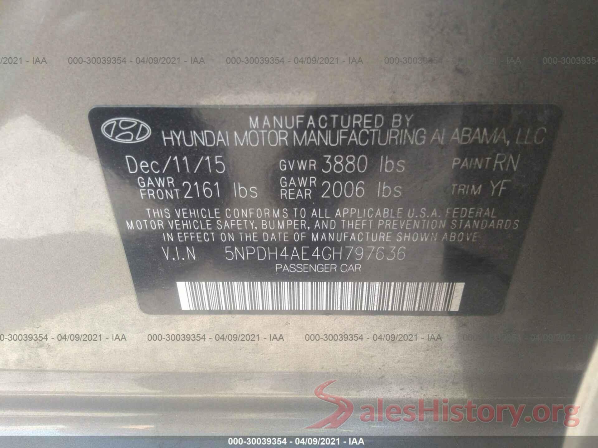 5NPDH4AE4GH797636 2016 HYUNDAI ELANTRA