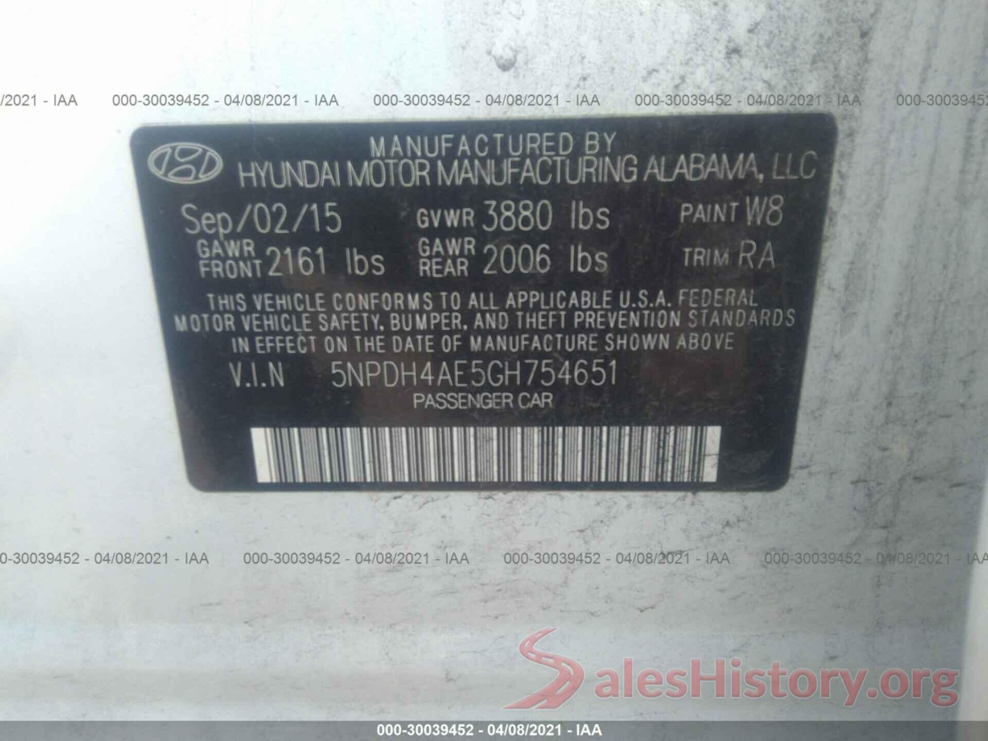 5NPDH4AE5GH754651 2016 HYUNDAI ELANTRA