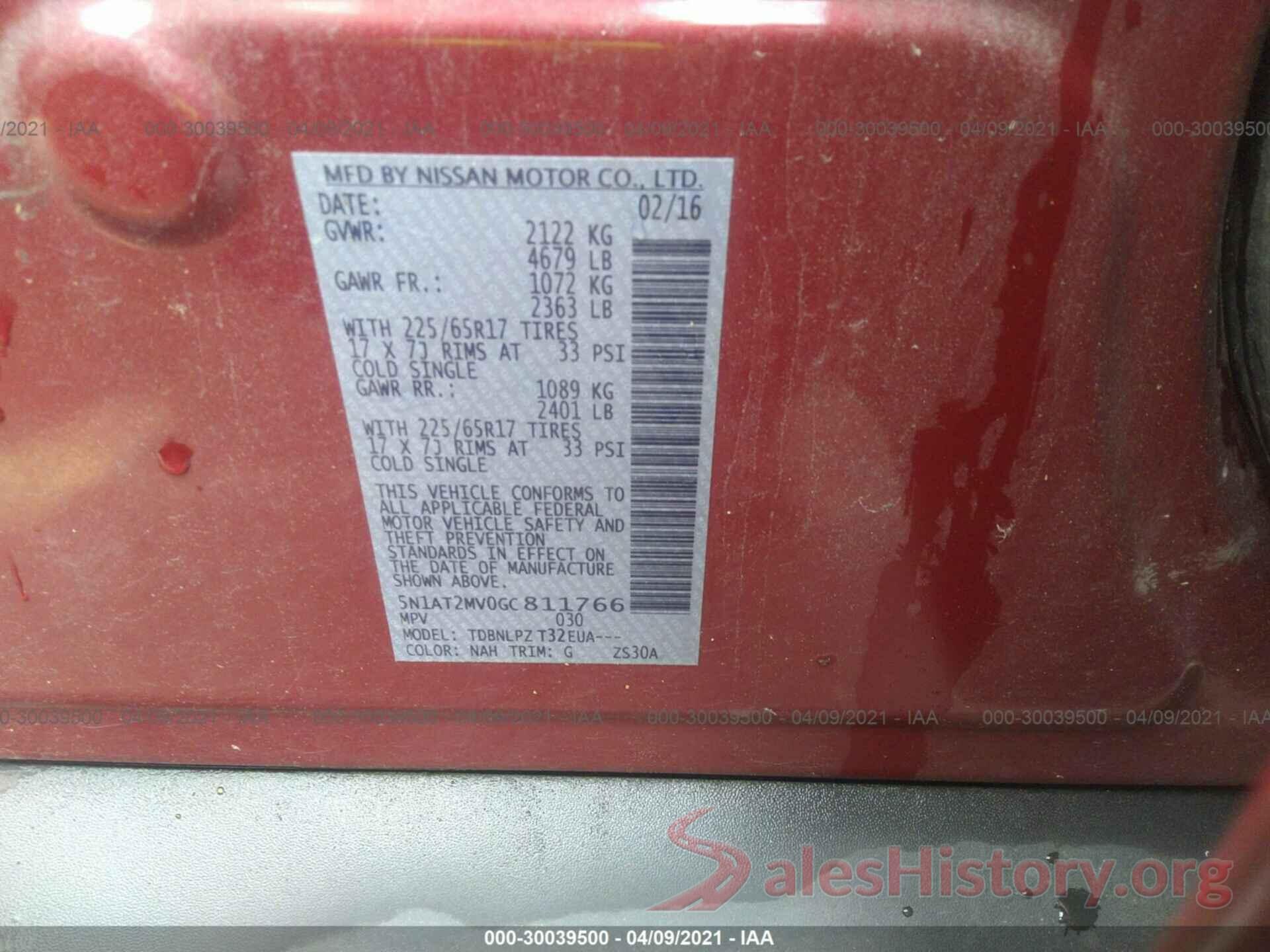 5N1AT2MV0GC811766 2016 NISSAN ROGUE