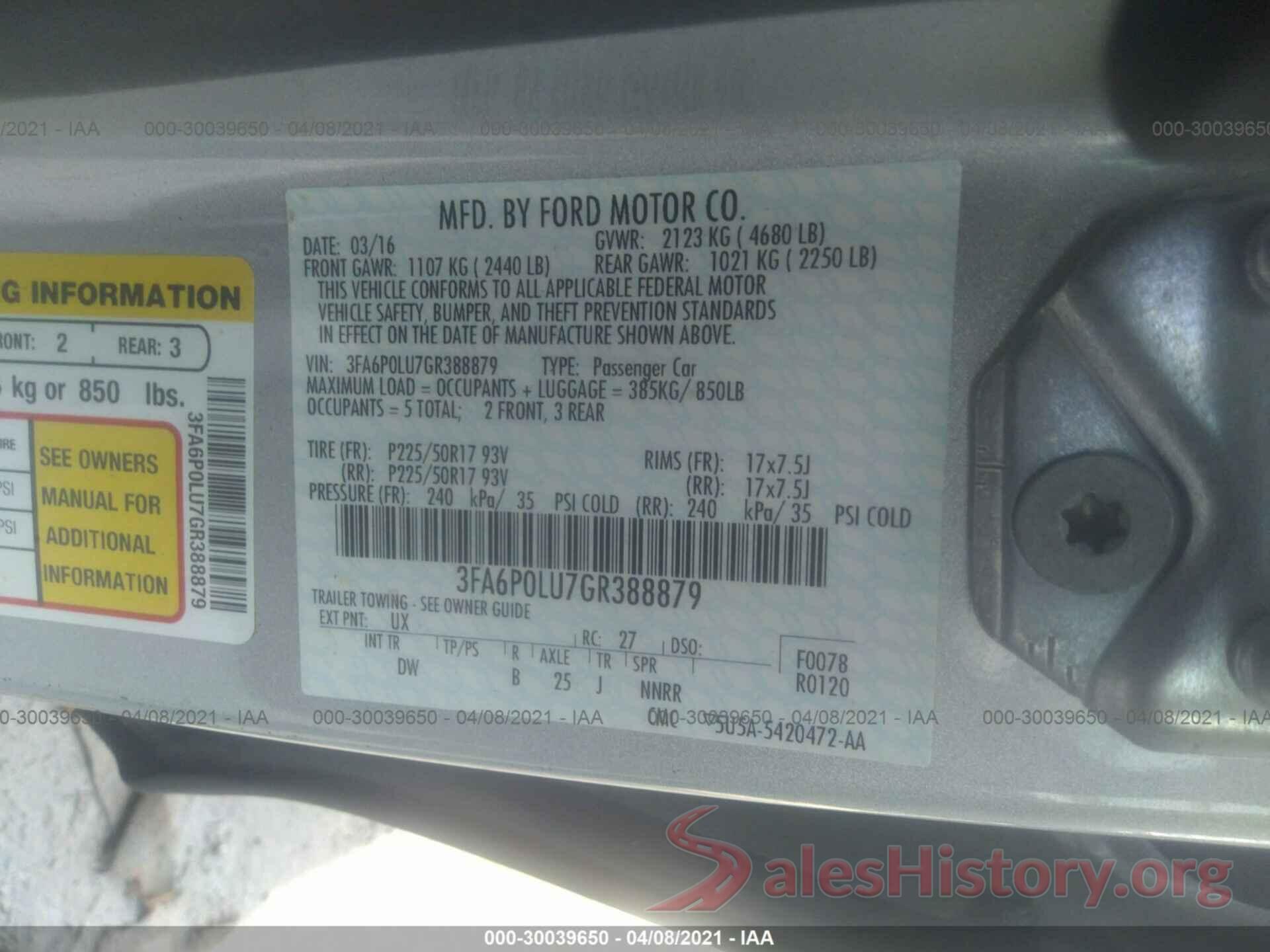 3FA6P0LU7GR388879 2016 FORD FUSION