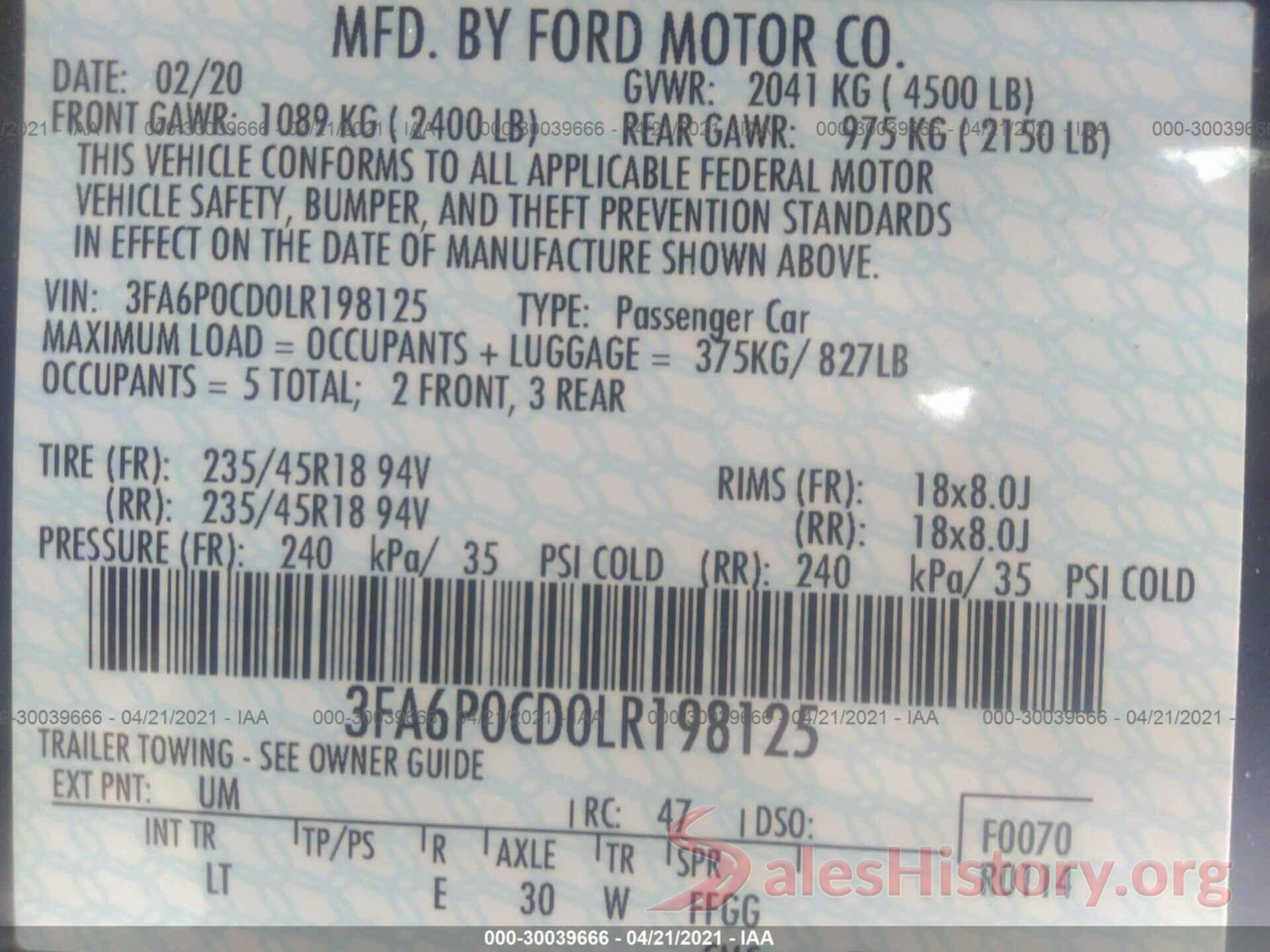 3FA6P0CD0LR198125 2020 FORD FUSION