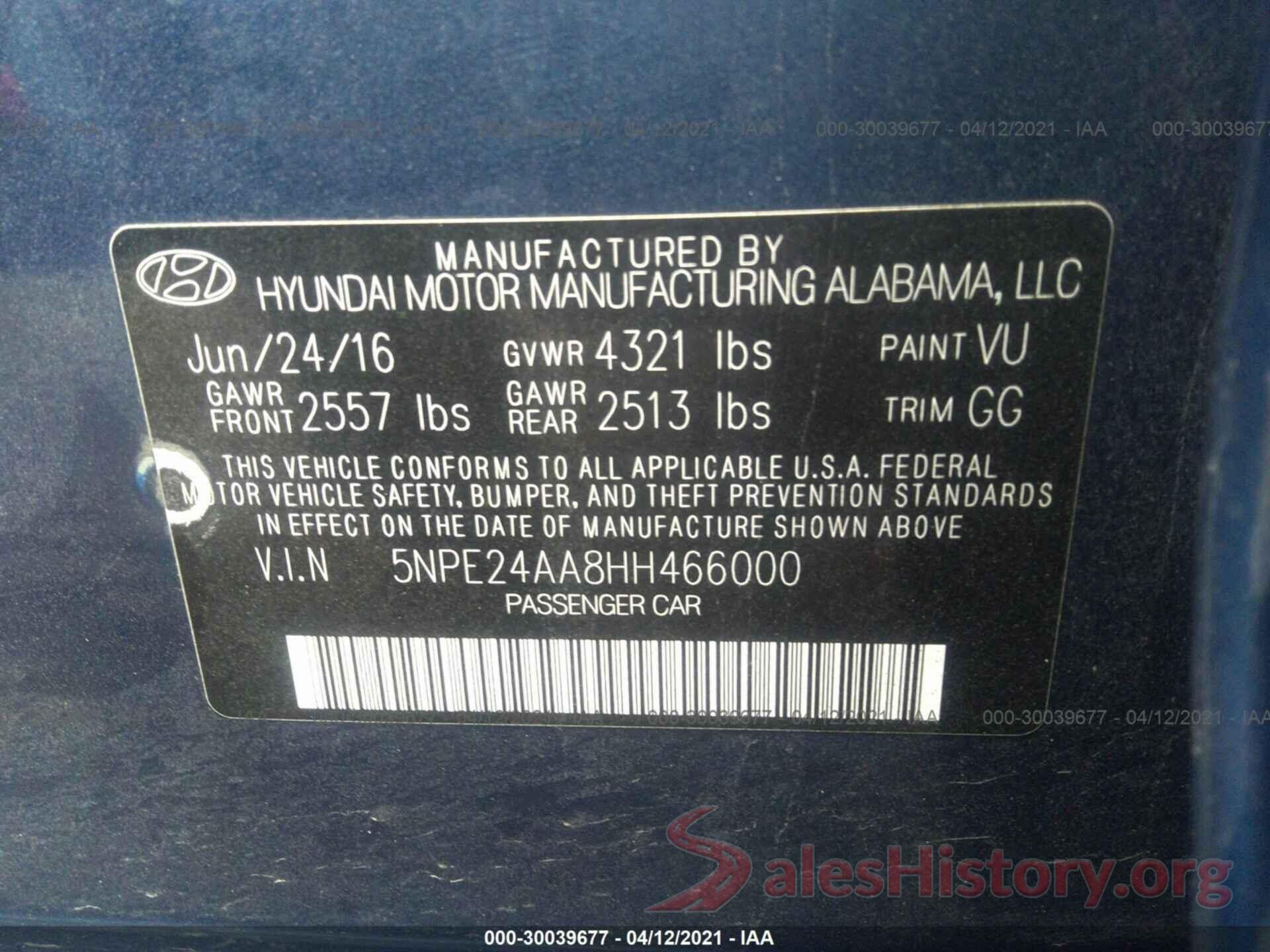 5NPE24AA8HH466000 2017 HYUNDAI SONATA