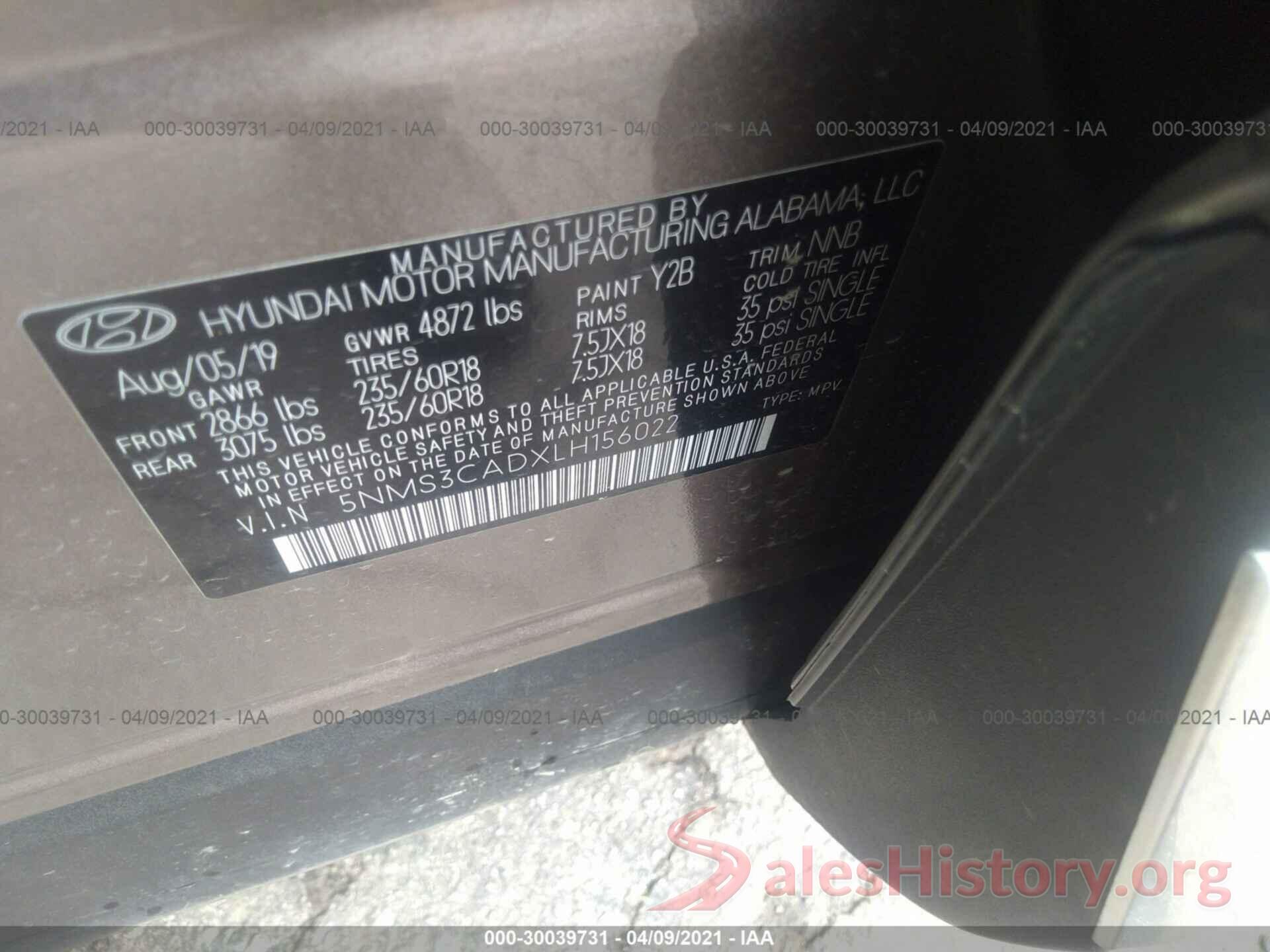 5NMS3CADXLH156022 2020 HYUNDAI SANTA FE