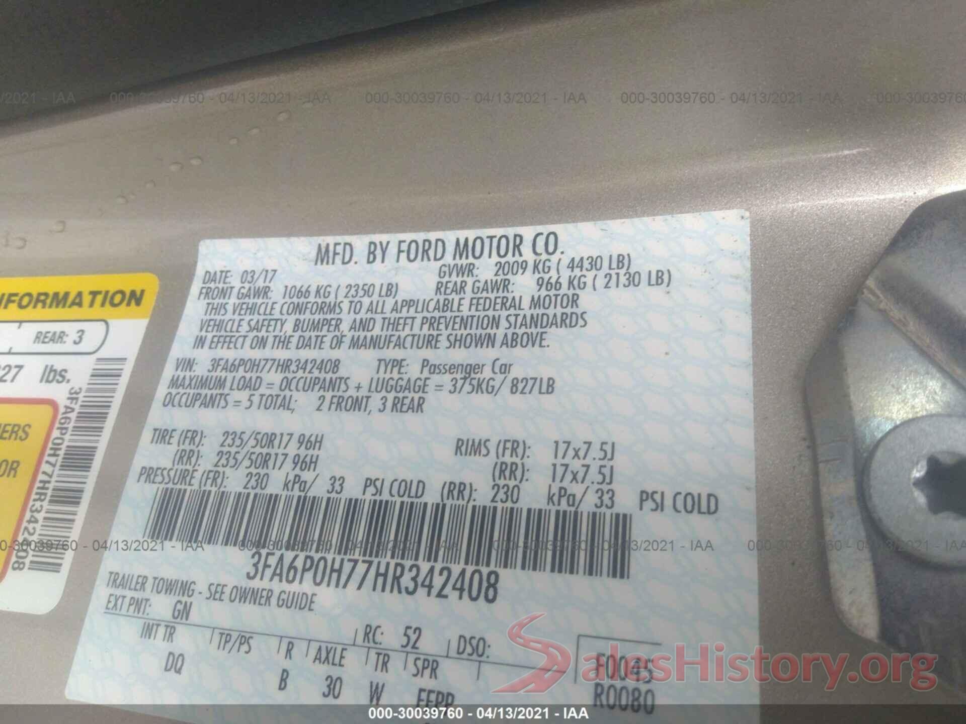 3FA6P0H77HR342408 2017 FORD FUSION