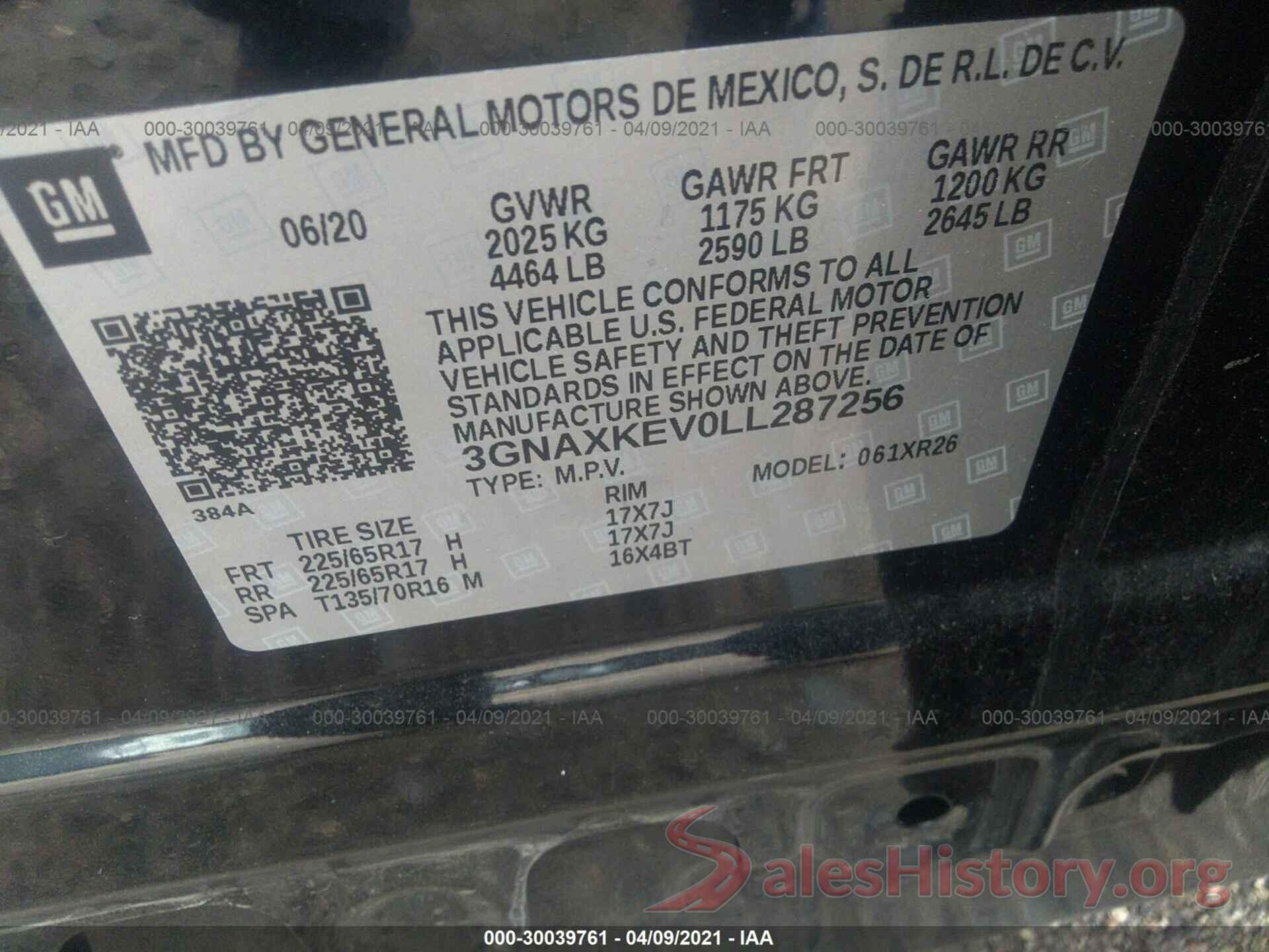 3GNAXKEV0LL287256 2020 CHEVROLET EQUINOX