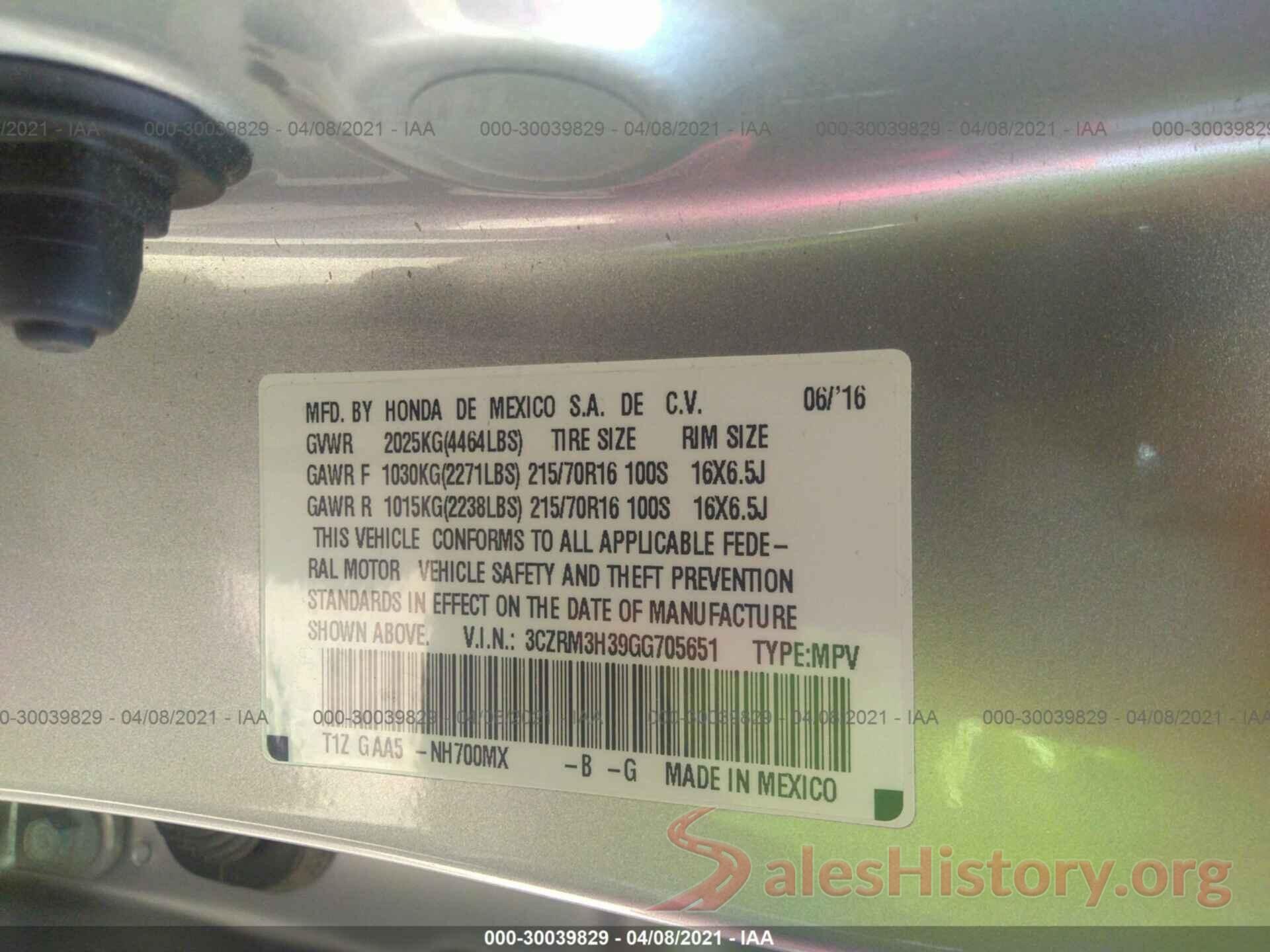 3CZRM3H39GG705651 2016 HONDA CR-V