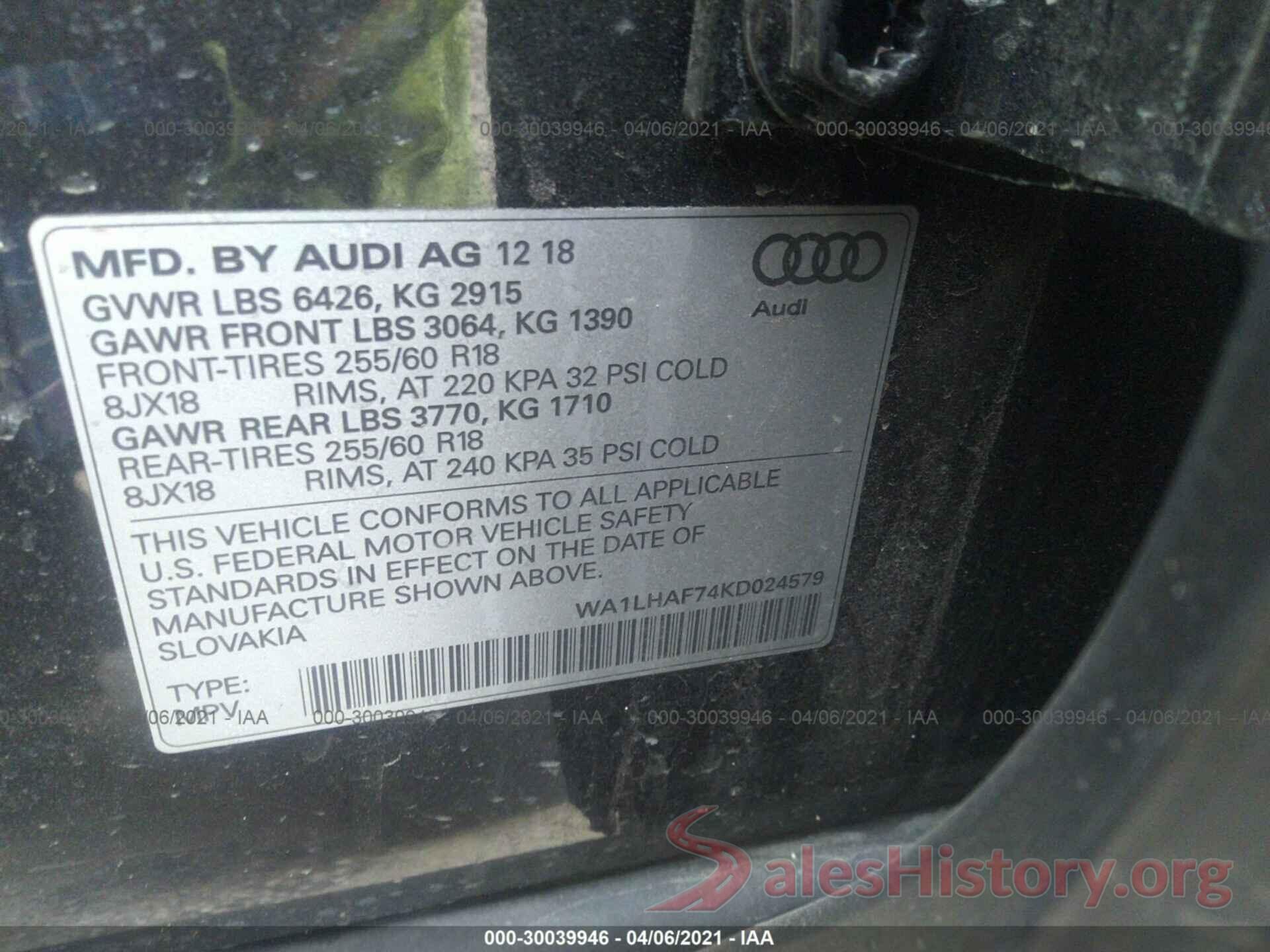 WA1LHAF74KD024579 2019 AUDI Q7