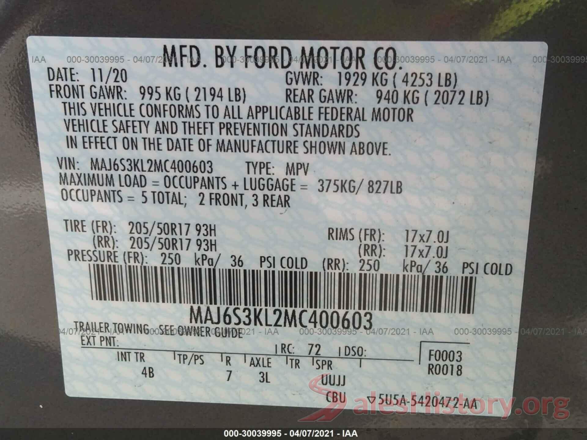 MAJ6S3KL2MC400603 2021 FORD ECOSPORT