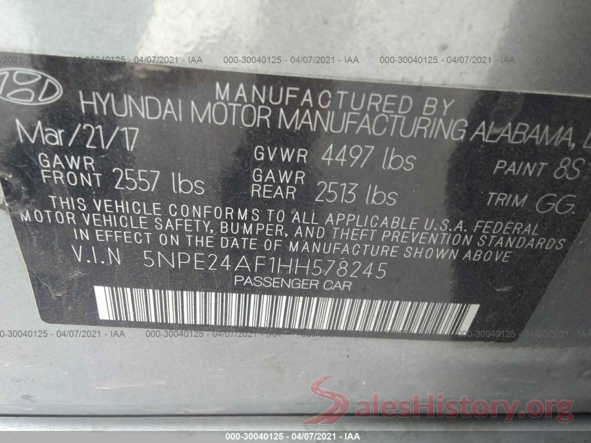 5NPE24AF1HH578245 2017 HYUNDAI SONATA