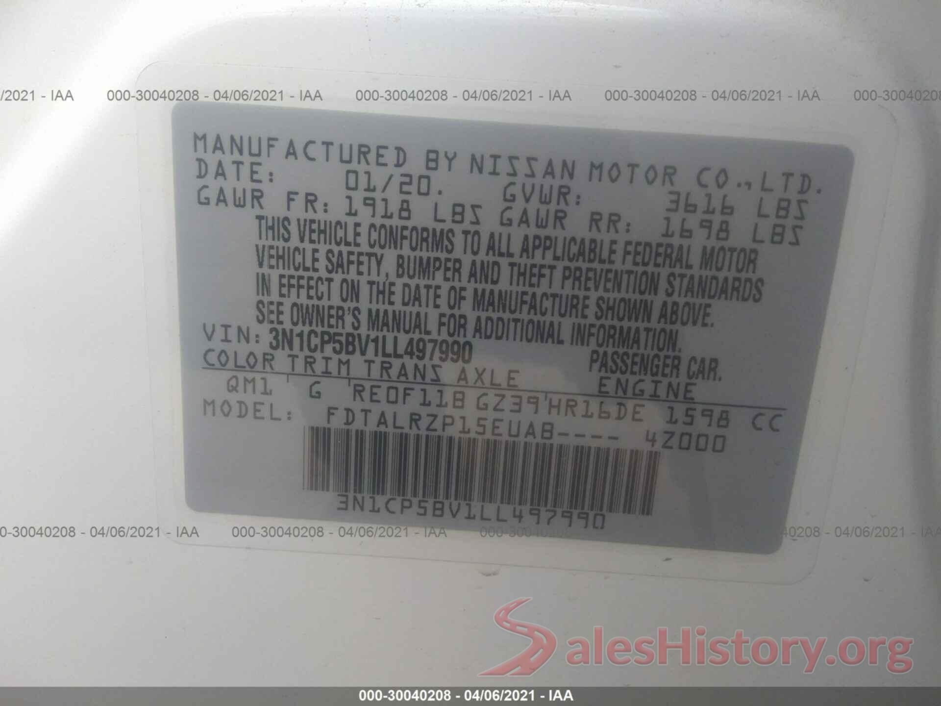 3N1CP5BV1LL497990 2020 NISSAN KICKS