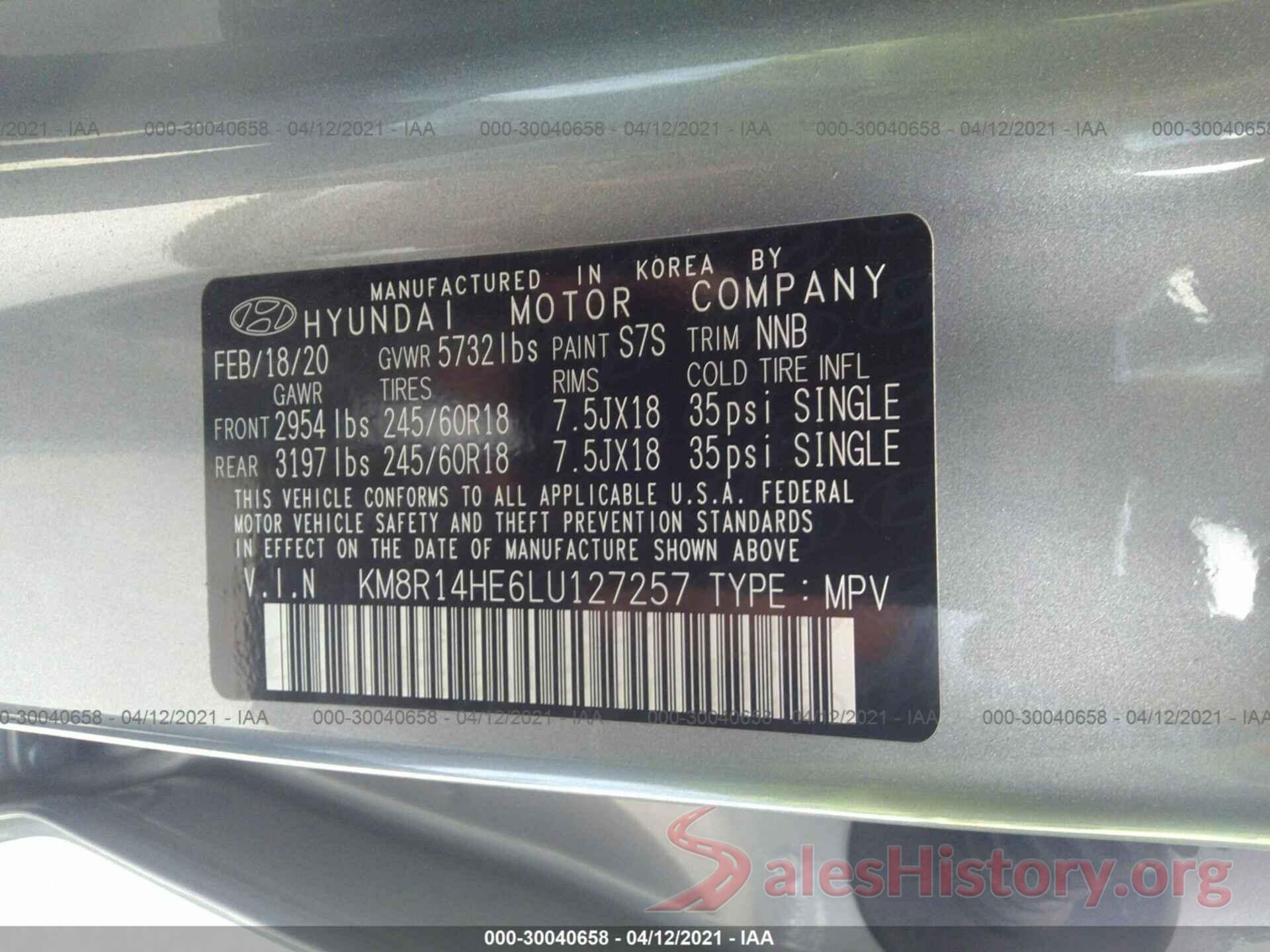 KM8R14HE6LU127257 2020 HYUNDAI PALISADE