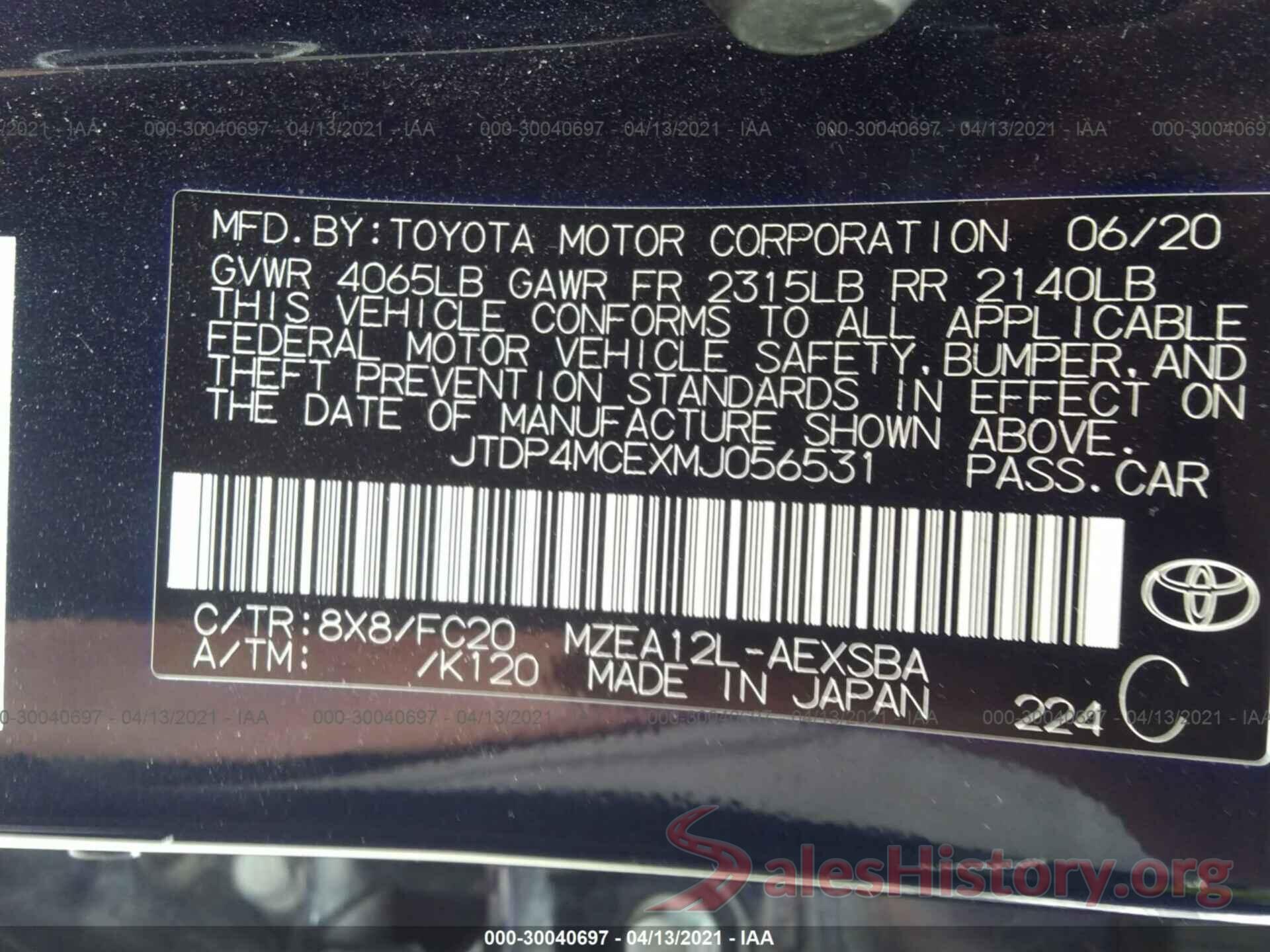 JTDP4MCEXMJ056531 2021 TOYOTA COROLLA