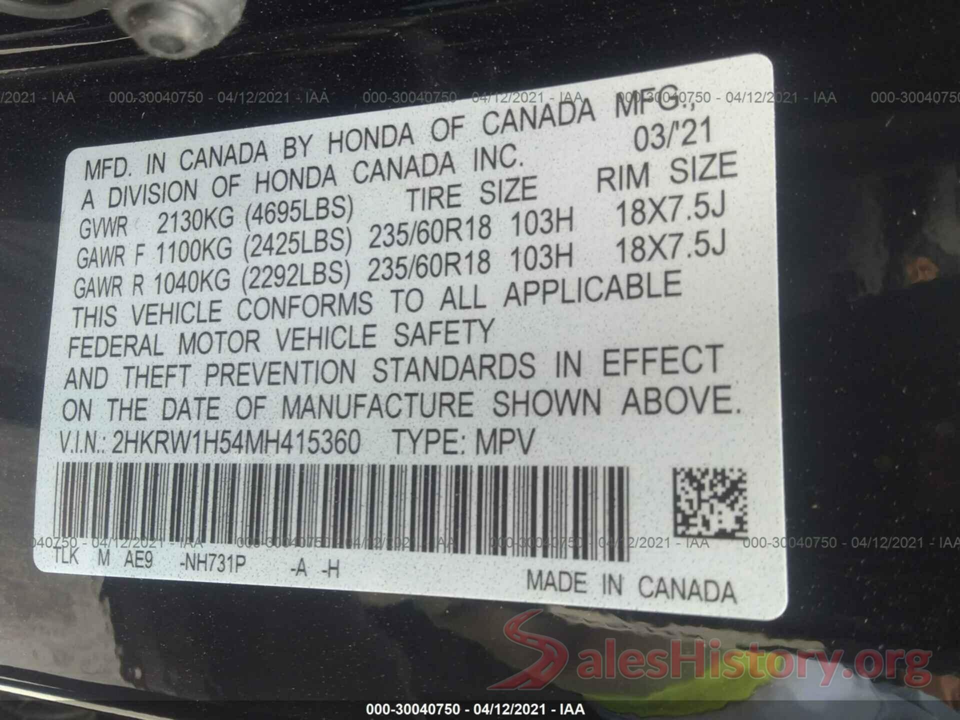 2HKRW1H54MH415360 2021 HONDA CR-V