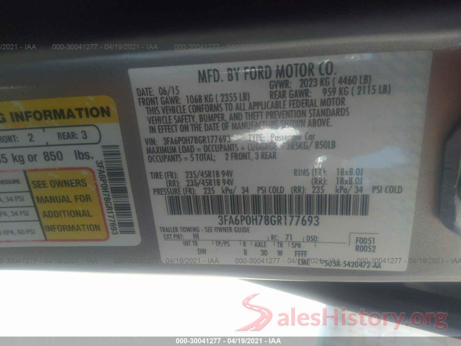 3FA6P0H78GR177693 2016 FORD FUSION