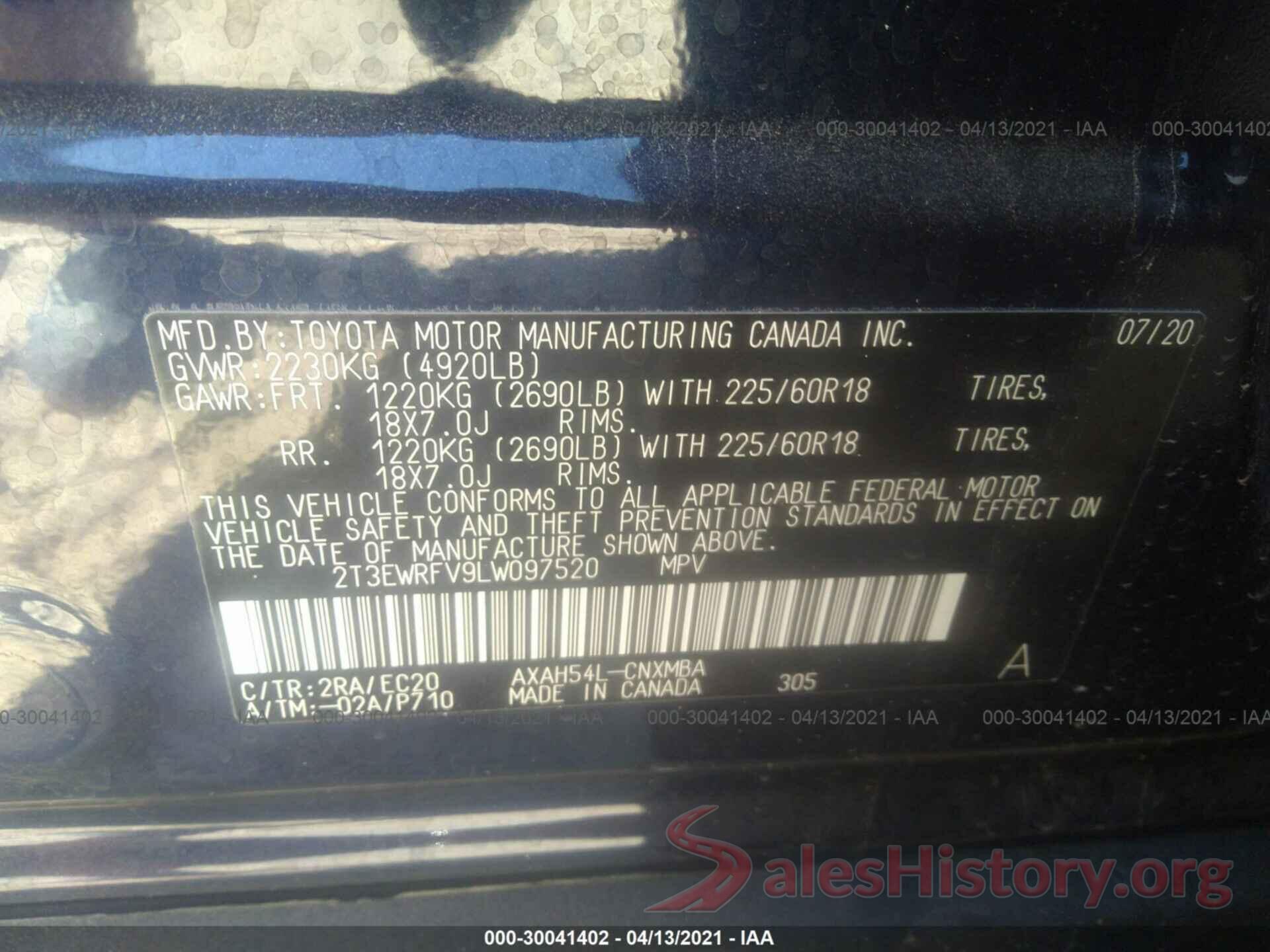 2T3EWRFV9LW097520 2020 TOYOTA RAV4