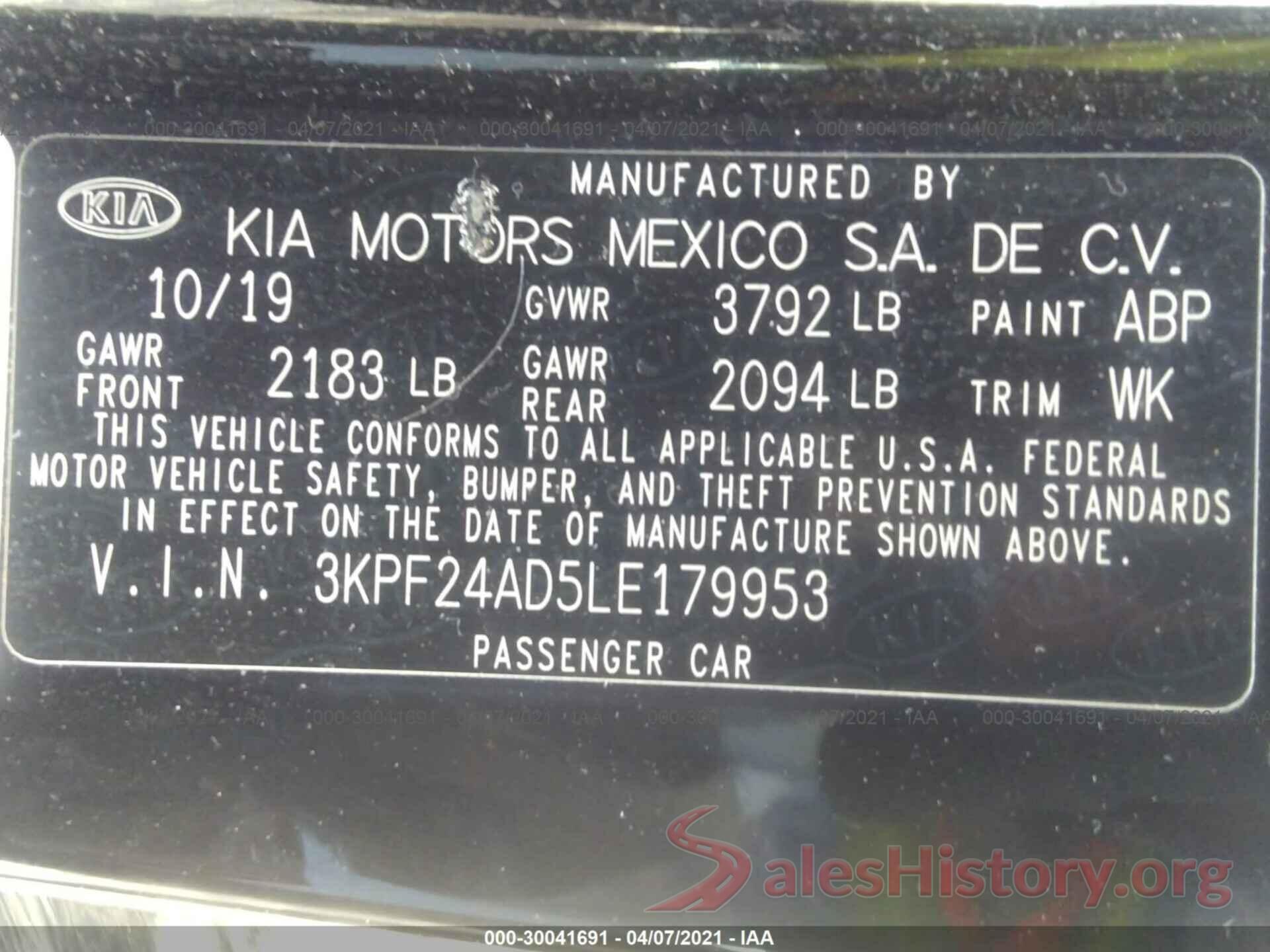 3KPF24AD5LE179953 2020 KIA FORTE