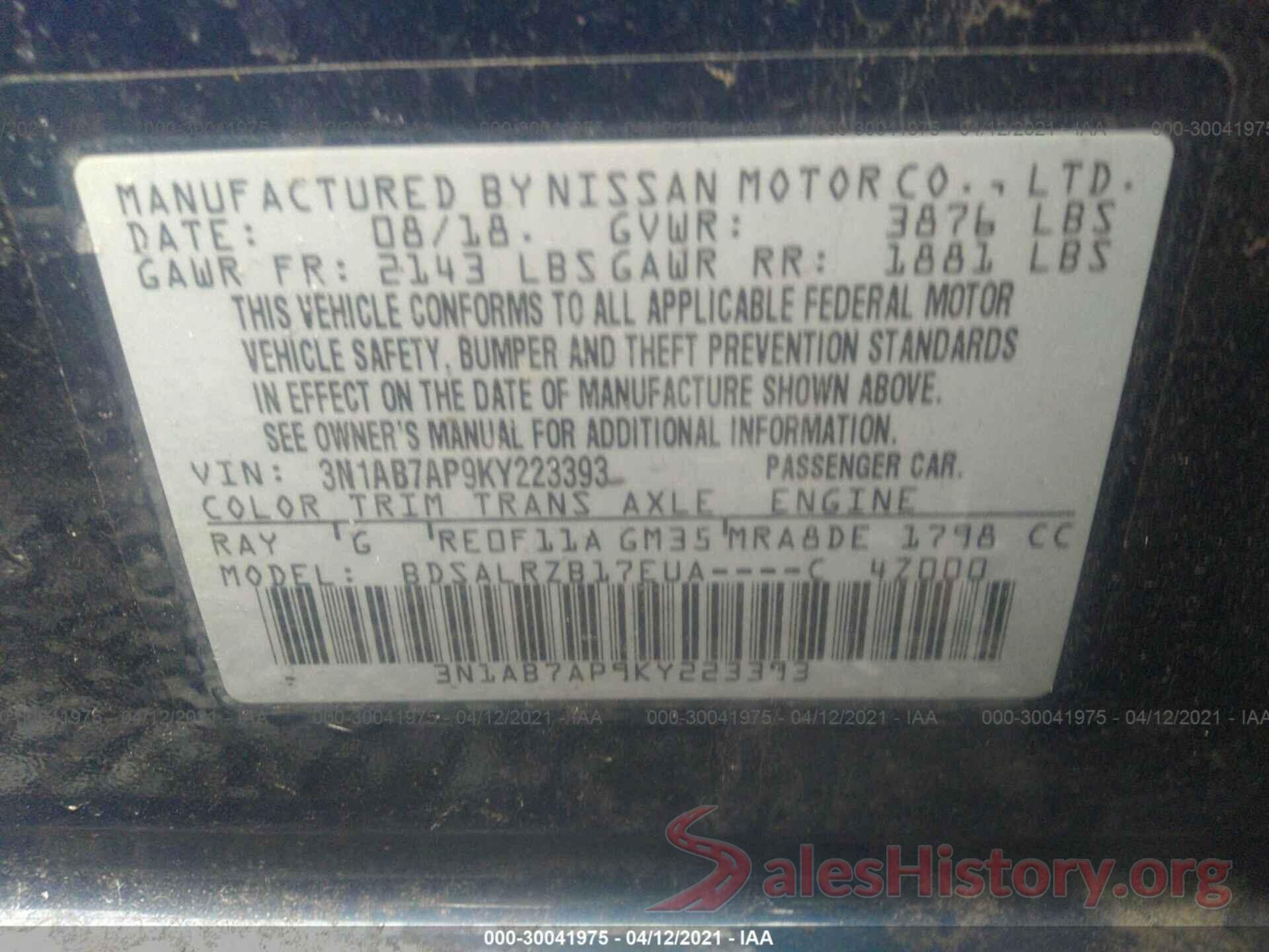 3N1AB7AP9KY223393 2019 NISSAN SENTRA