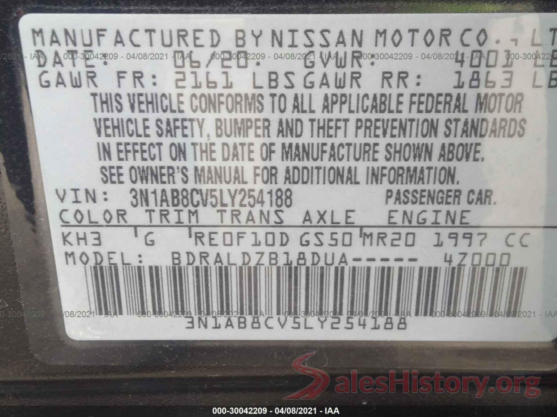 3N1AB8CV5LY254188 2020 NISSAN SENTRA