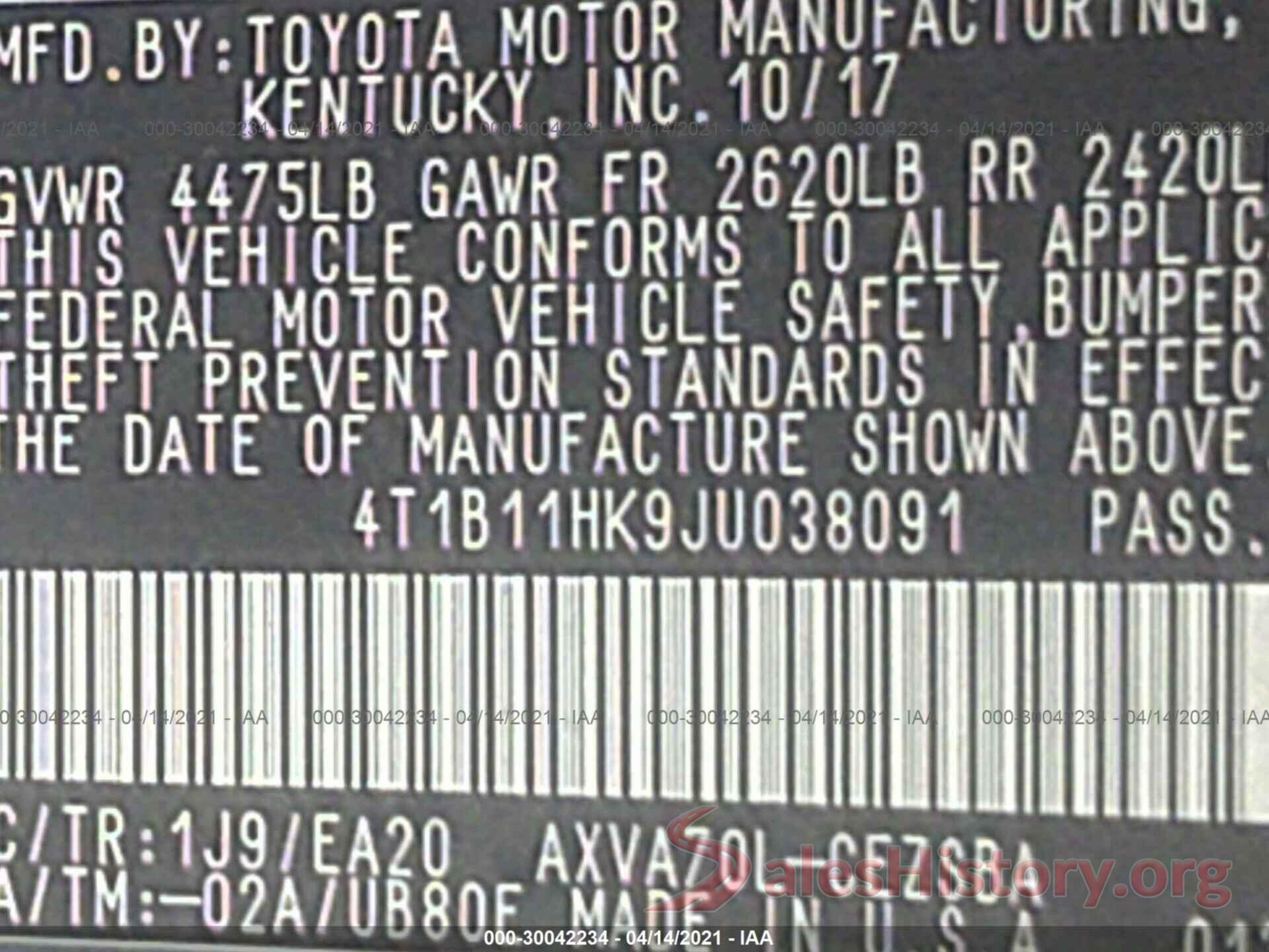 4T1B11HK9JU038091 2018 TOYOTA CAMRY