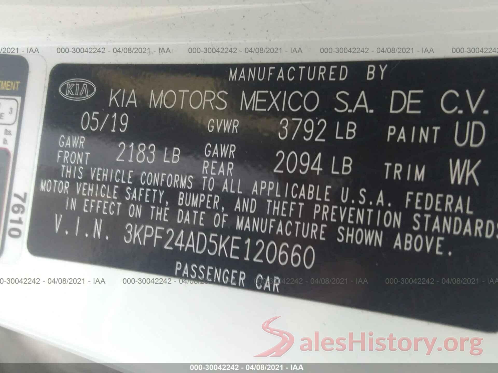 3KPF24AD5KE120660 2019 KIA FORTE