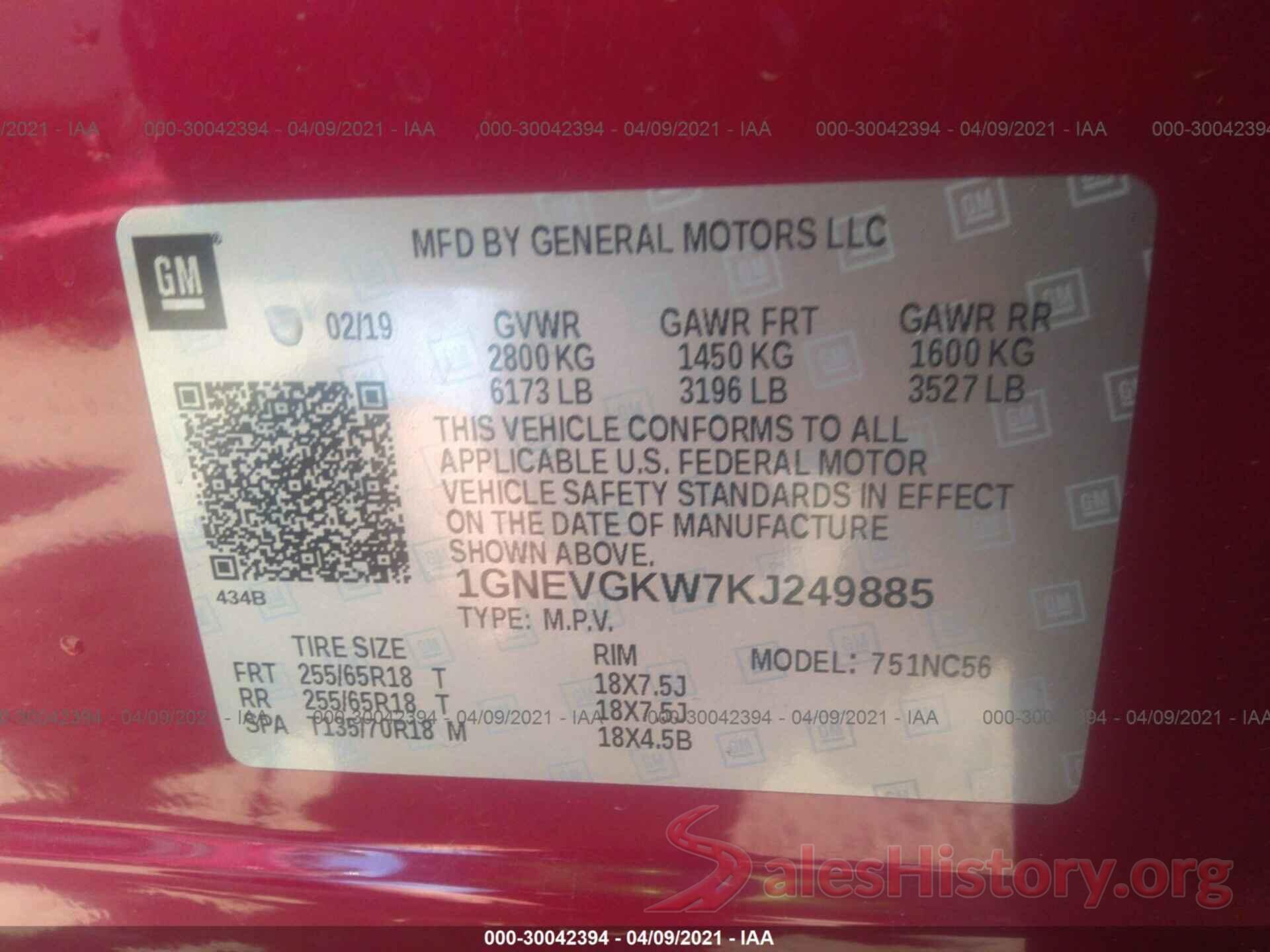 1GNEVGKW7KJ249885 2019 CHEVROLET TRAVERSE