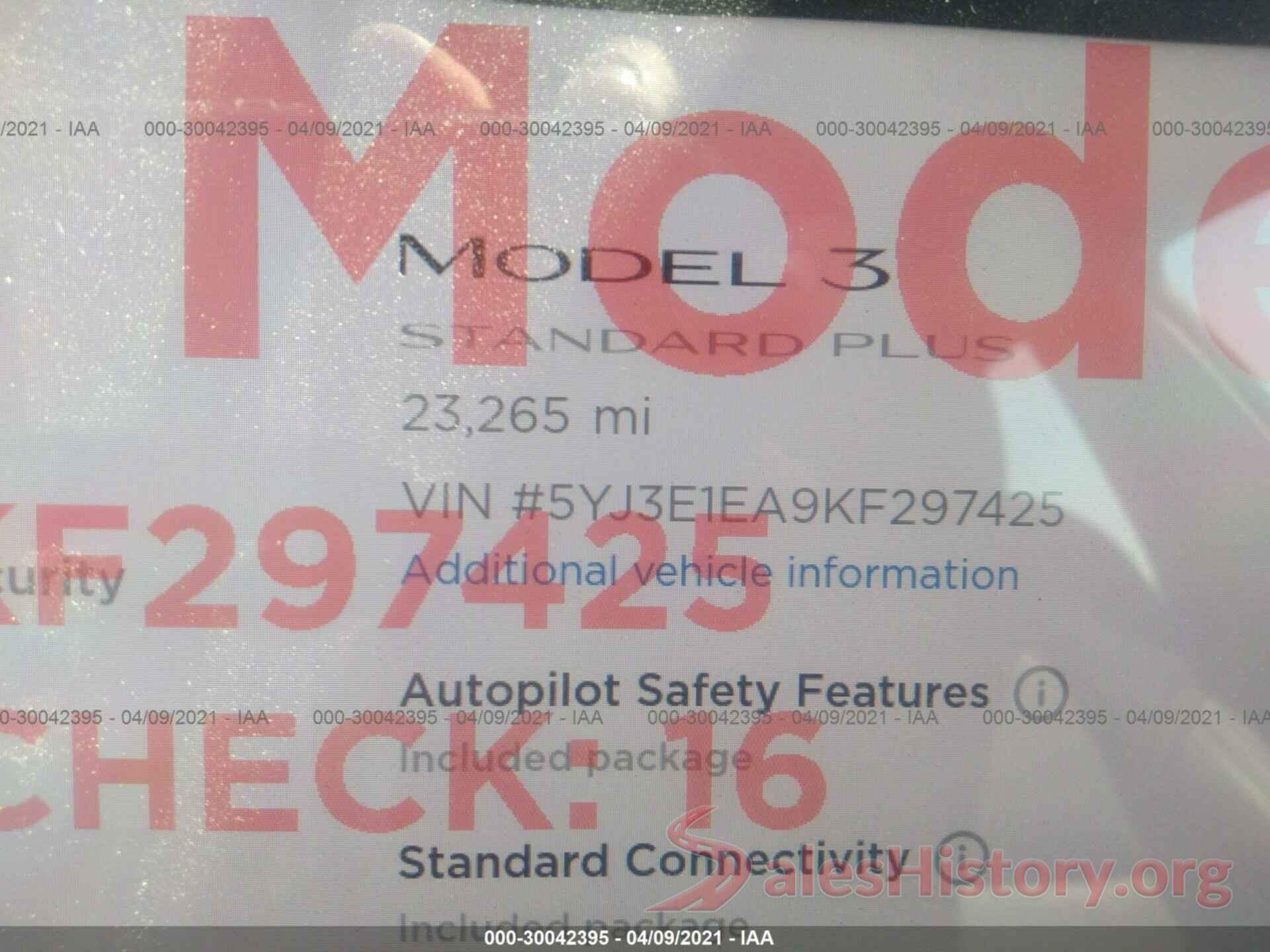 5YJ3E1EA9KF297425 2019 TESLA MODEL 3