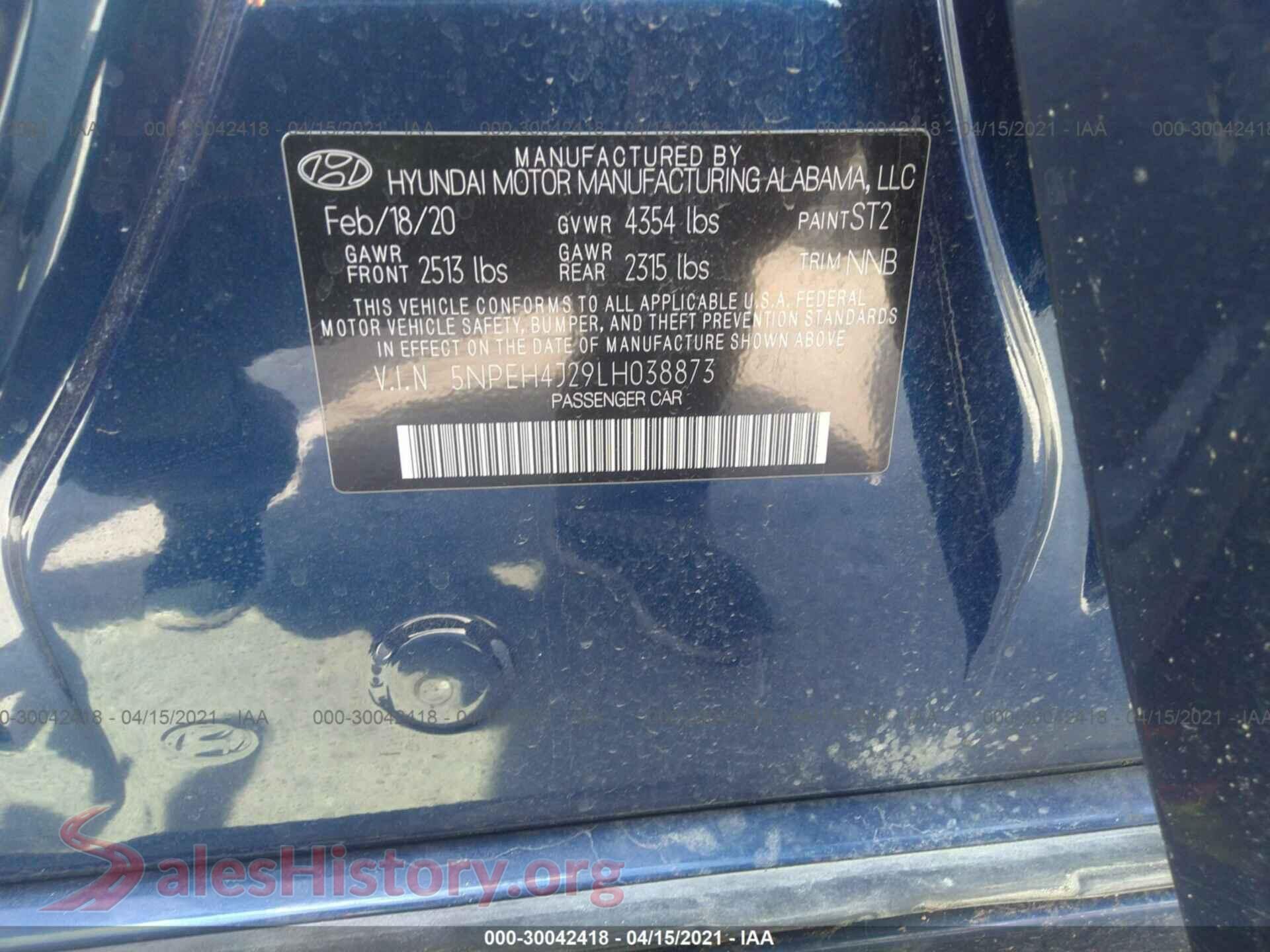 2020 HYUNDAI SONATA VIN 5NPEH4J29LH038873, engine bay