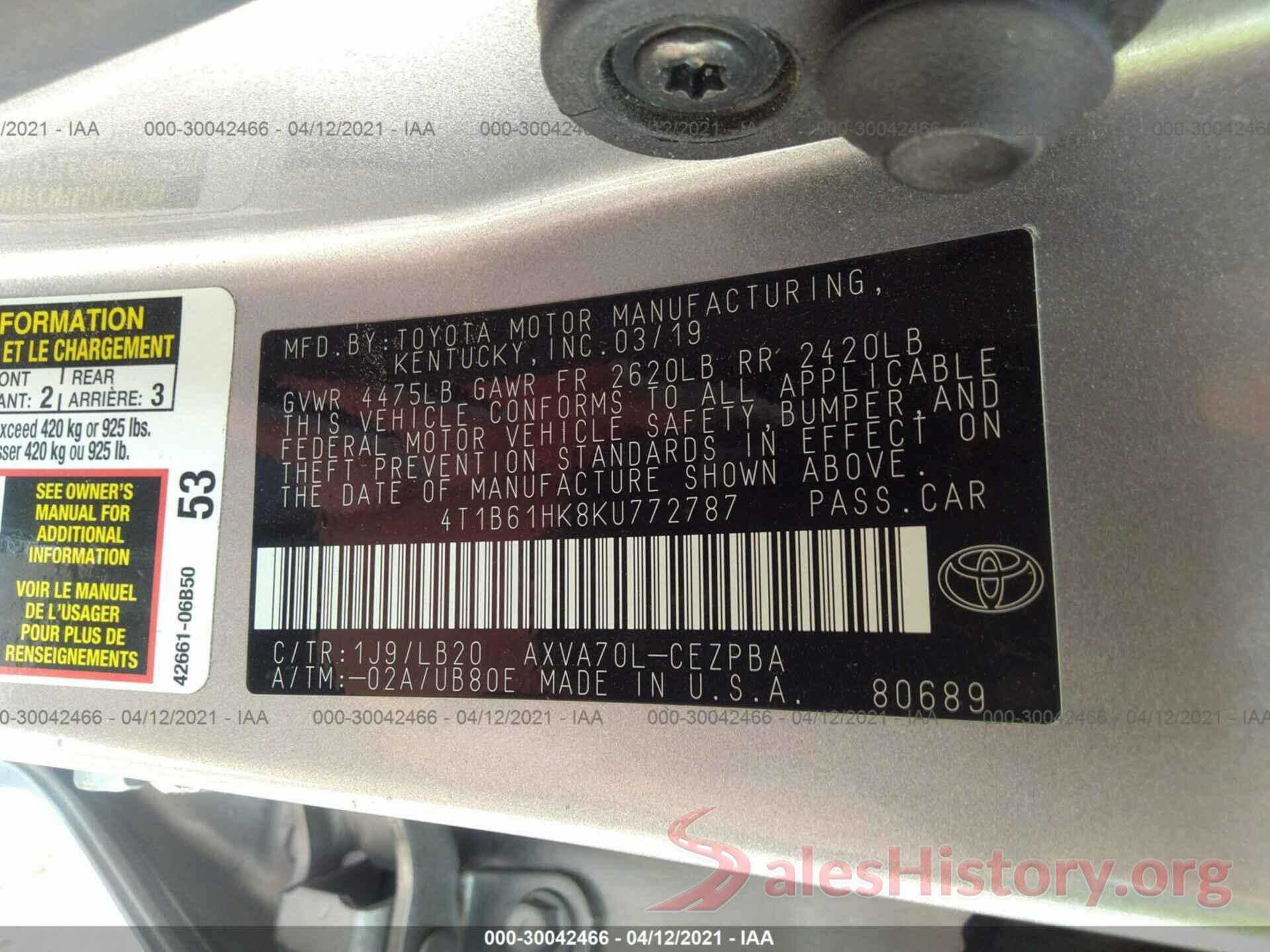 4T1B61HK8KU772787 2019 TOYOTA CAMRY