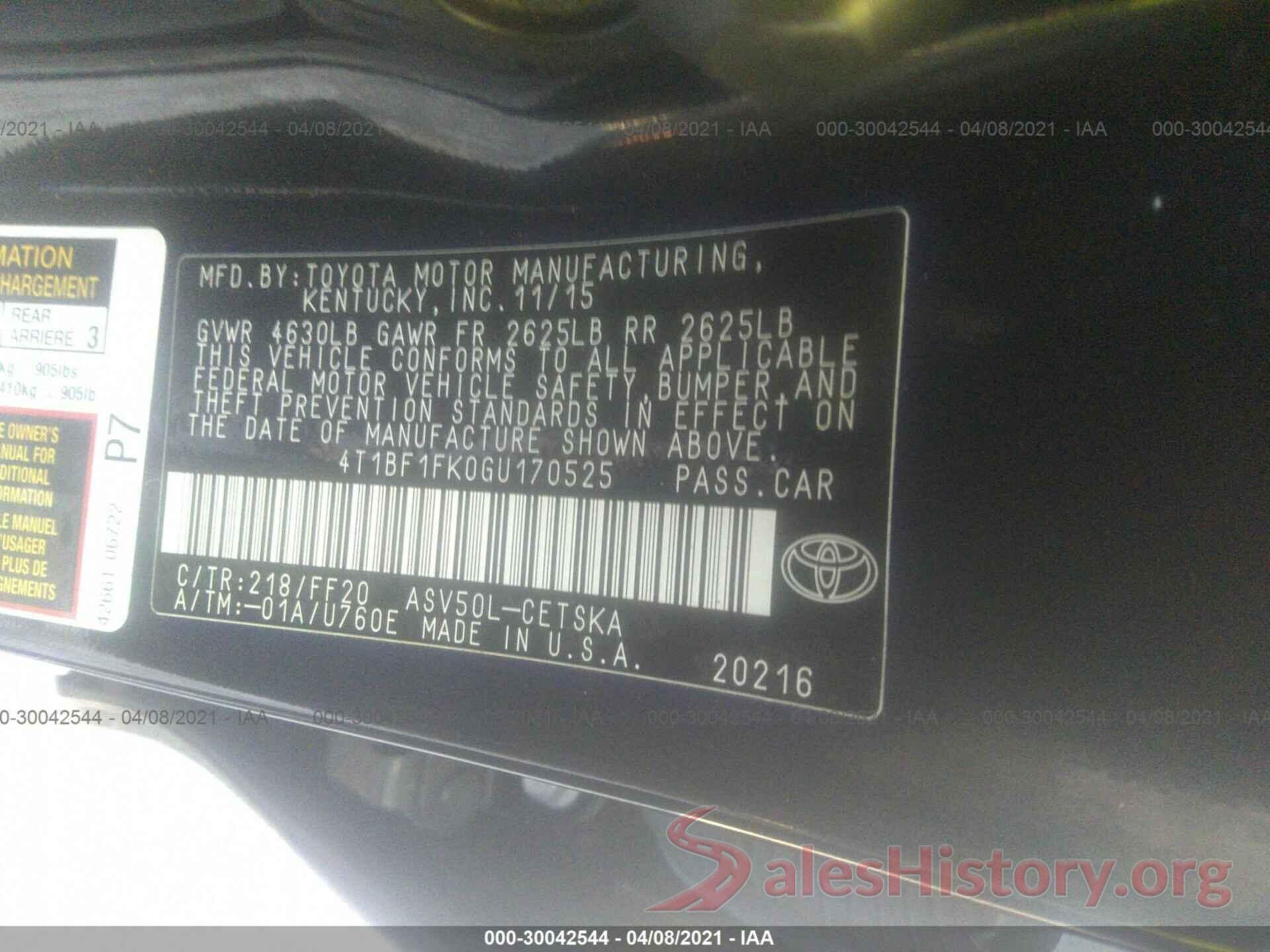 4T1BF1FK0GU170525 2016 TOYOTA CAMRY