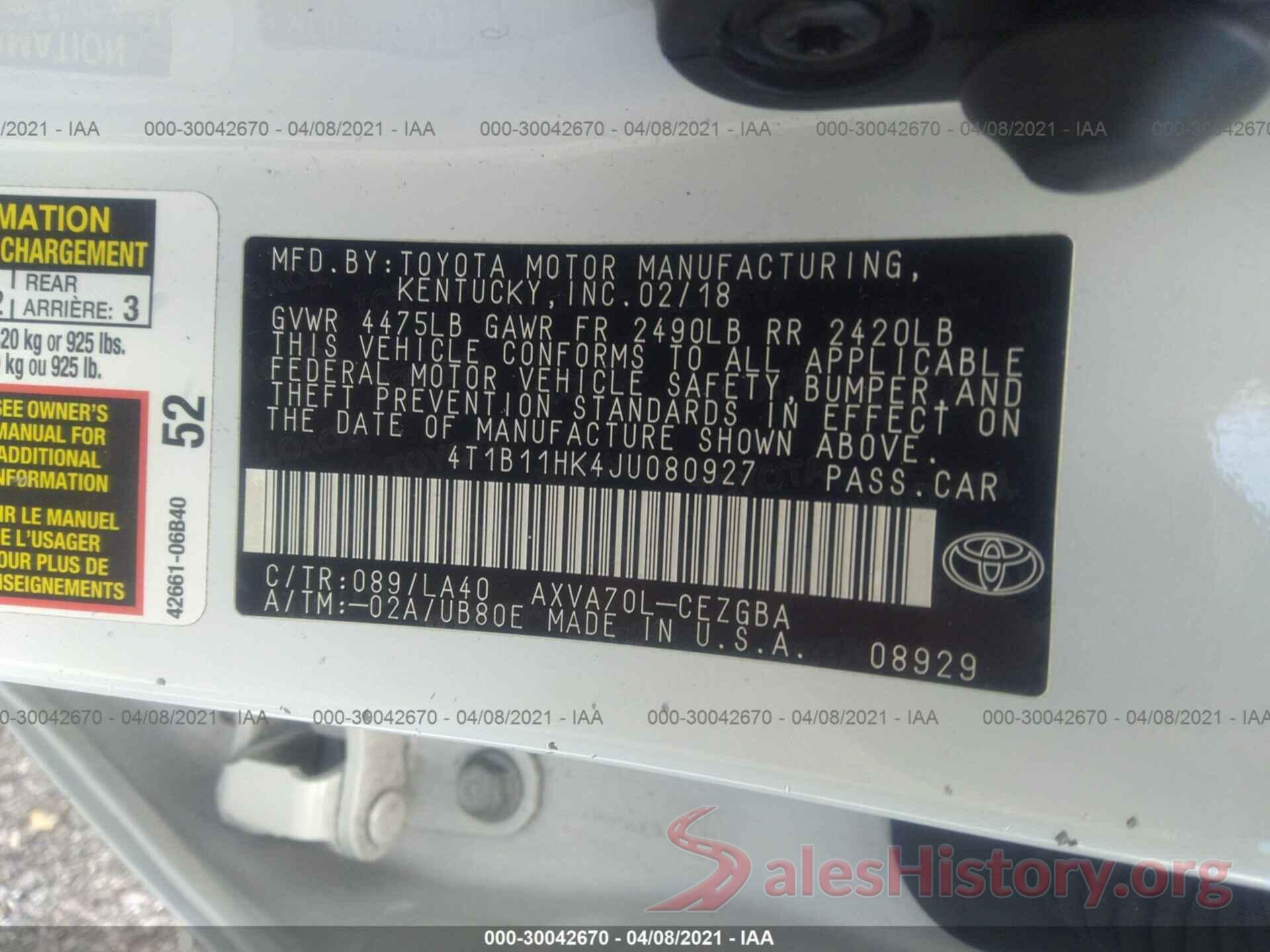 4T1B11HK4JU080927 2018 TOYOTA CAMRY