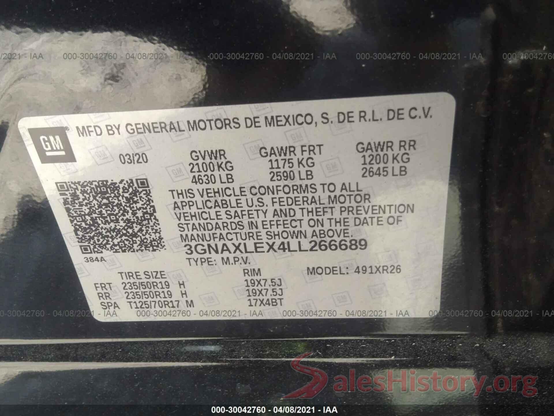 3GNAXLEX4LL266689 2020 CHEVROLET EQUINOX