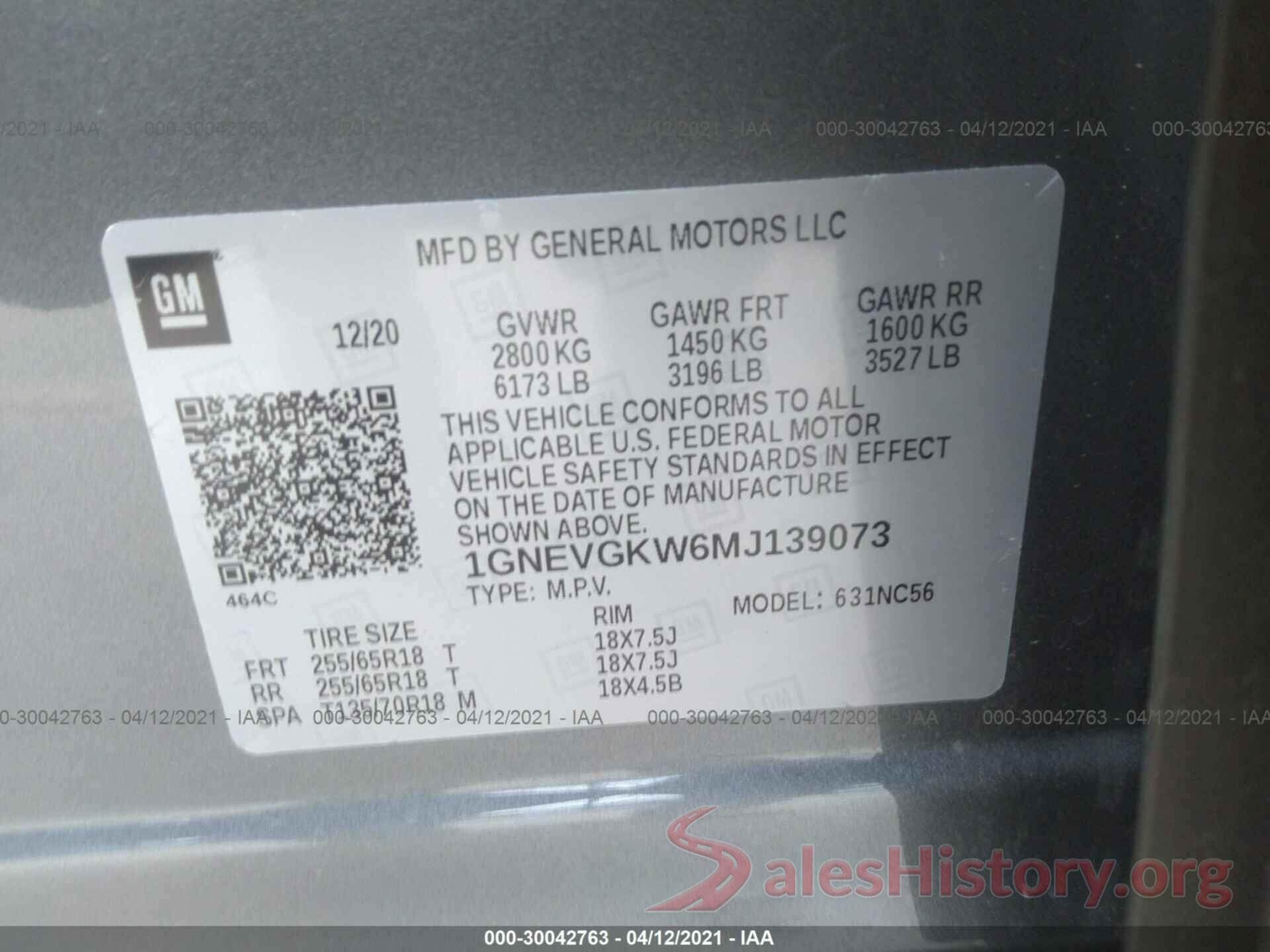 1GNEVGKW6MJ139073 2021 CHEVROLET TRAVERSE