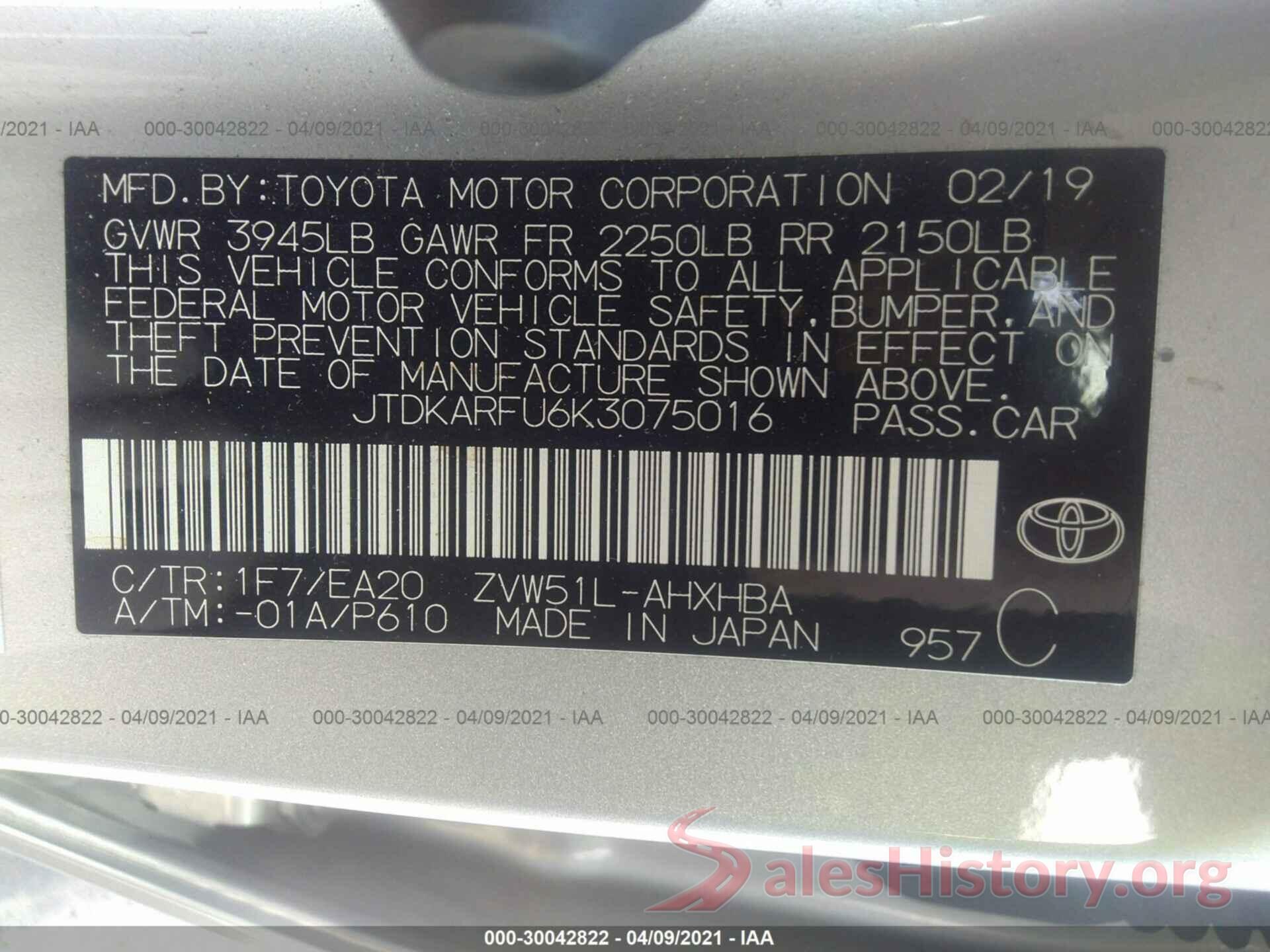 JTDKARFU6K3075016 2019 TOYOTA PRIUS