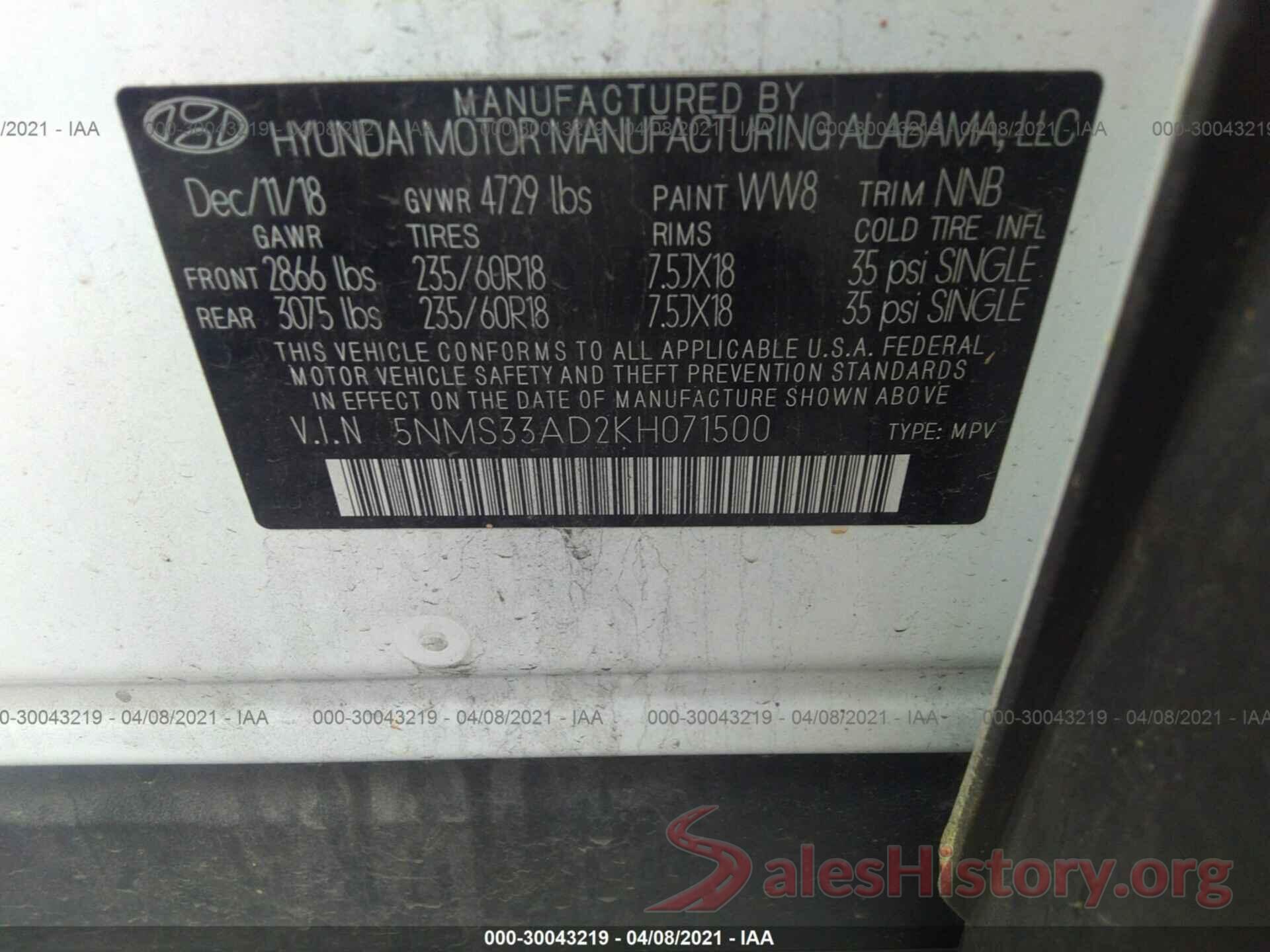 5NMS33AD2KH071500 2019 HYUNDAI SANTA FE