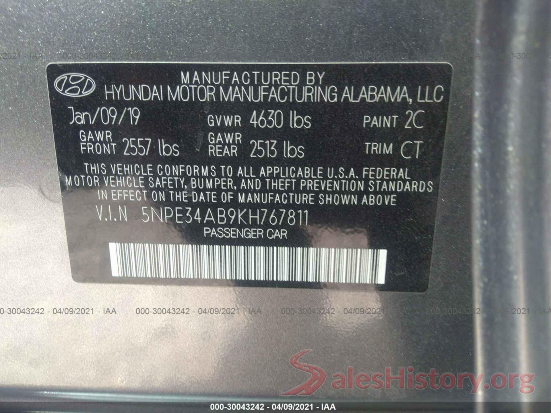 5NPE34AB9KH767811 2019 HYUNDAI SONATA