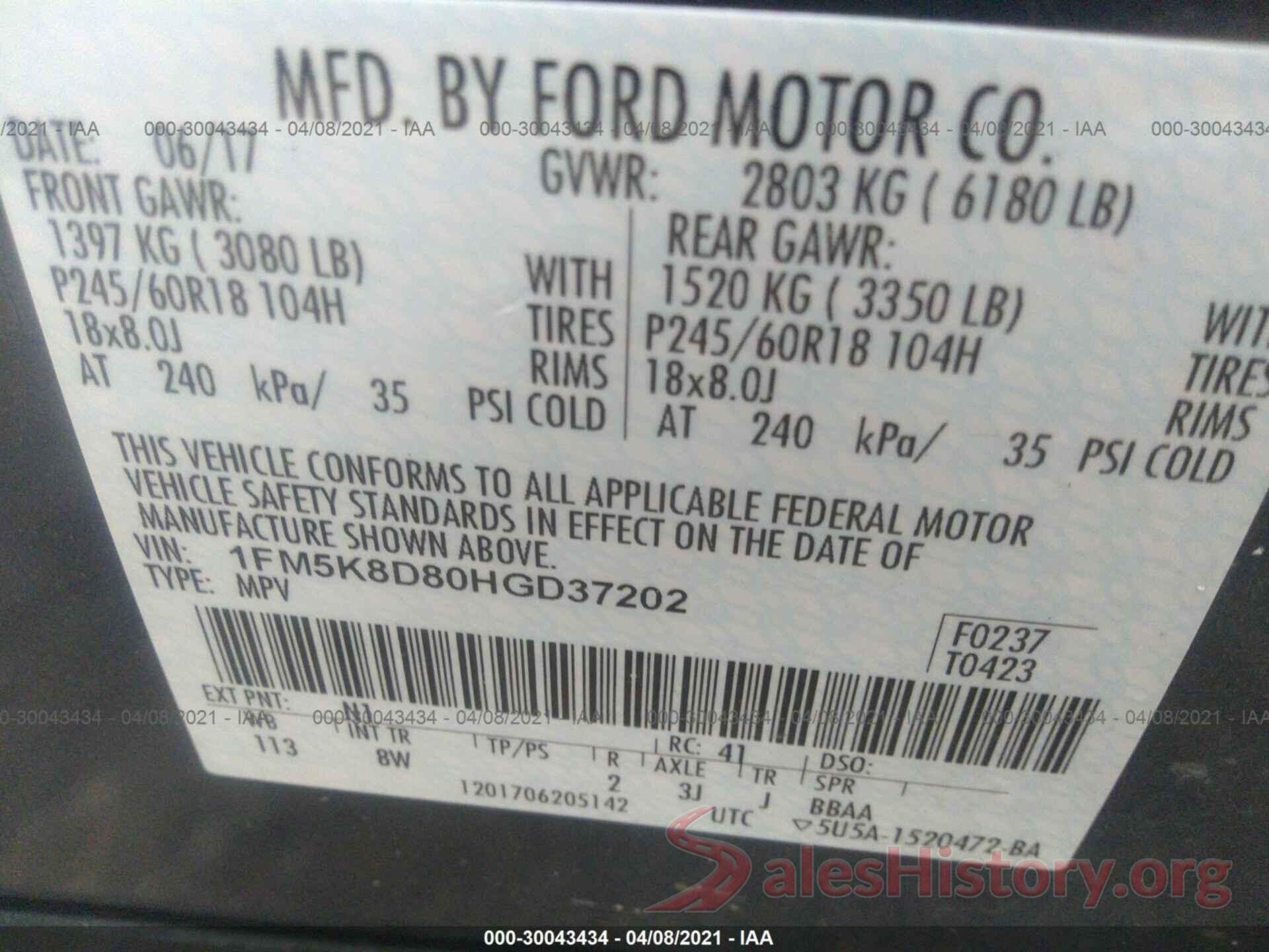 1FM5K8D80HGD37202 2017 FORD EXPLORER