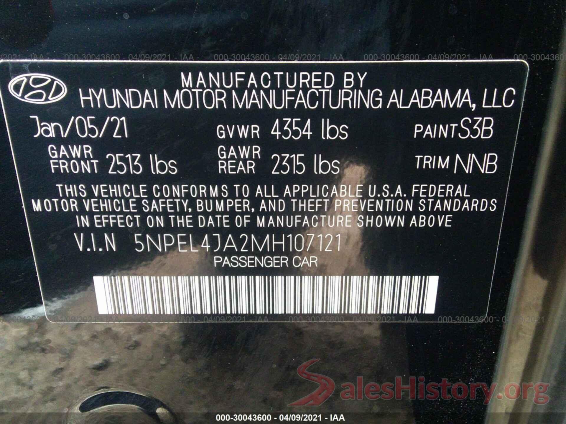 5NPEL4JA2MH107121 2021 HYUNDAI SONATA