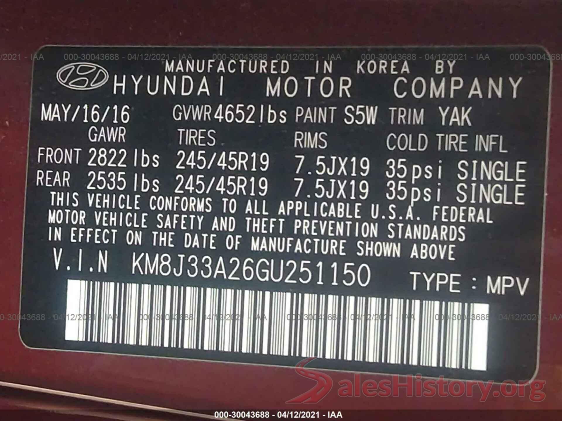 KM8J33A26GU251150 2016 HYUNDAI TUCSON