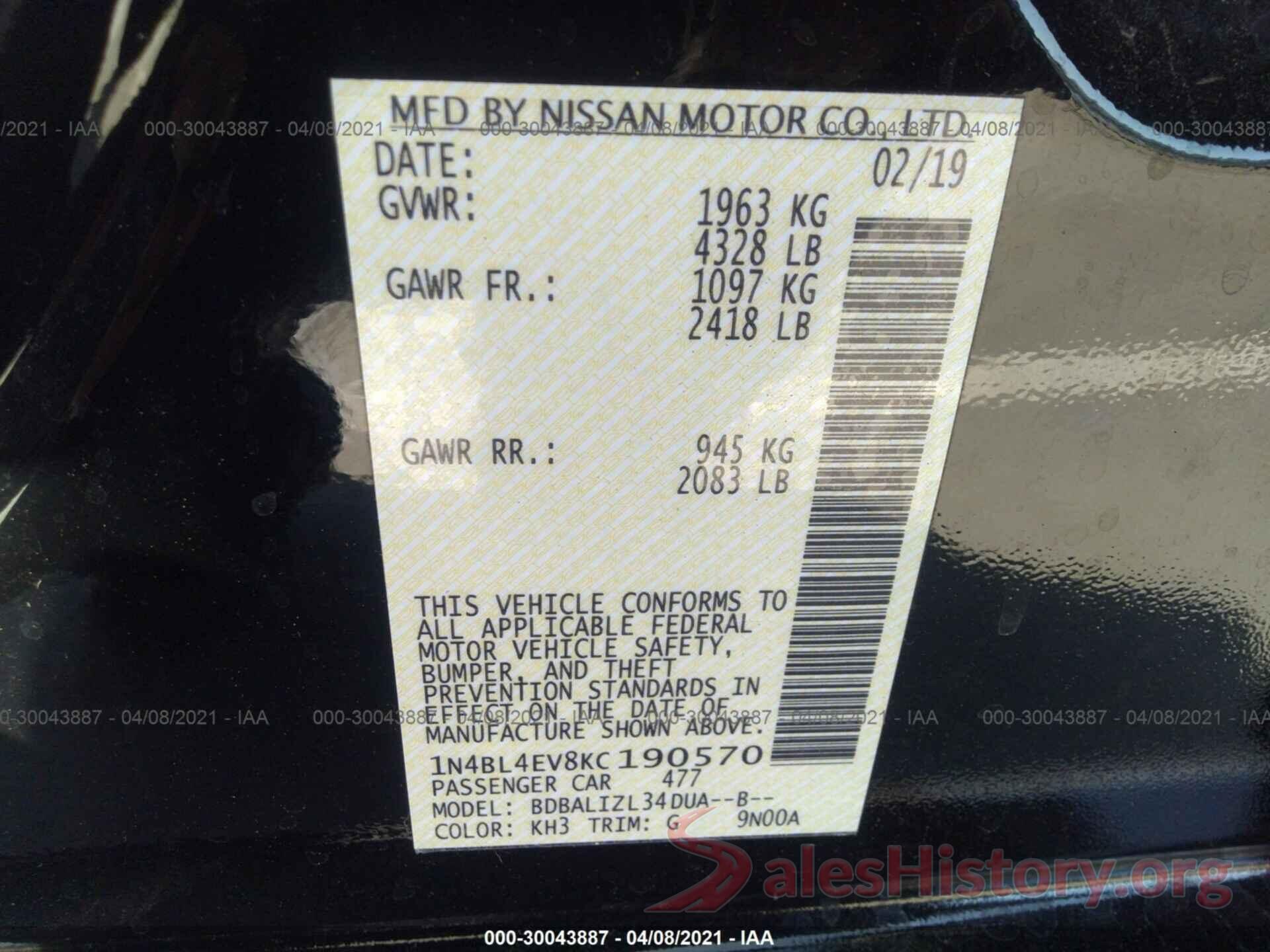 1N4BL4EV8KC190570 2019 NISSAN ALTIMA