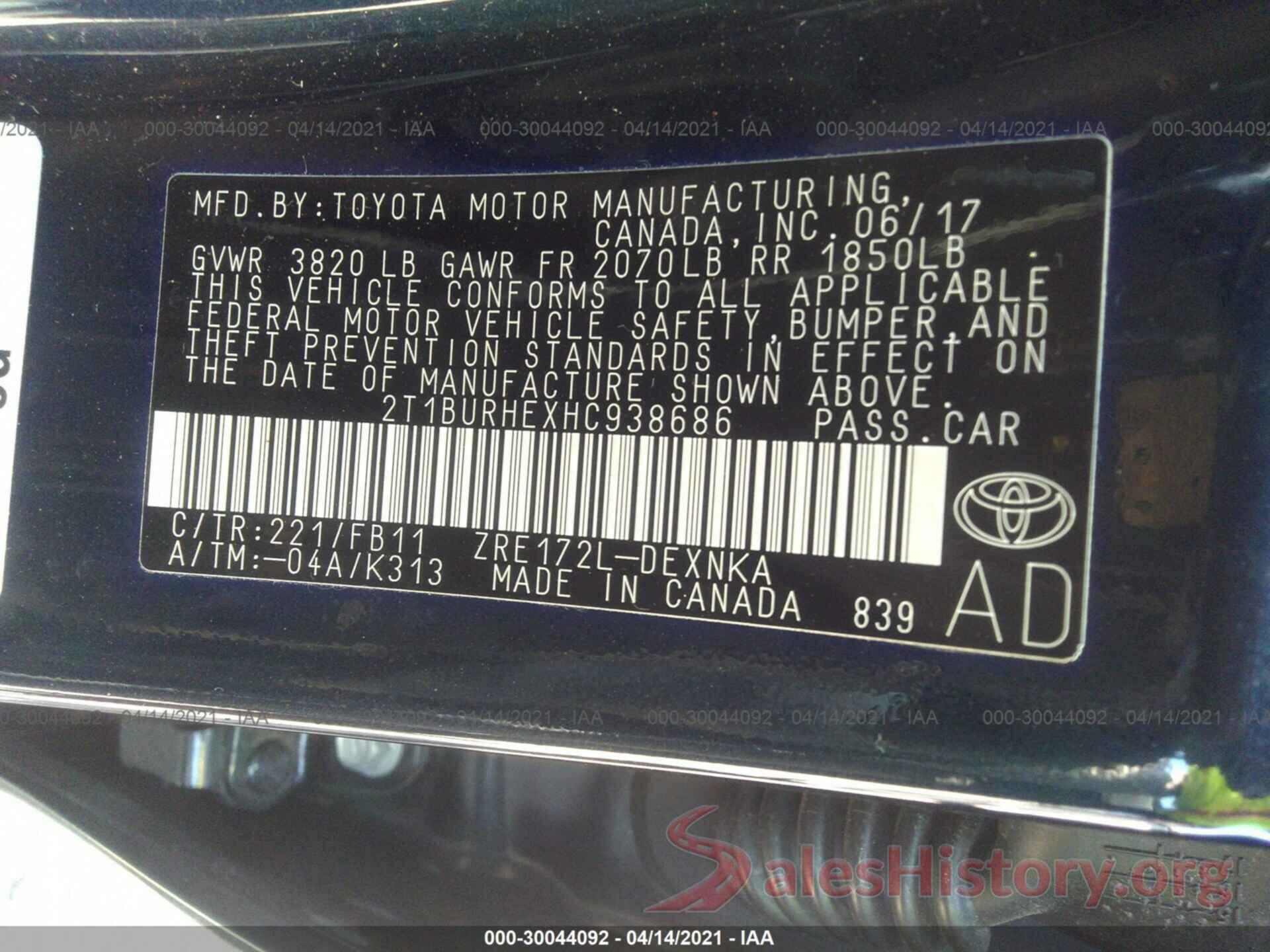 2T1BURHEXHC938686 2017 TOYOTA COROLLA