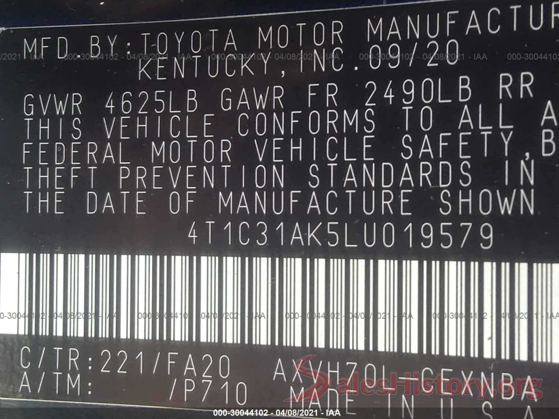 4T1C31AK5LU019579 2020 TOYOTA CAMRY