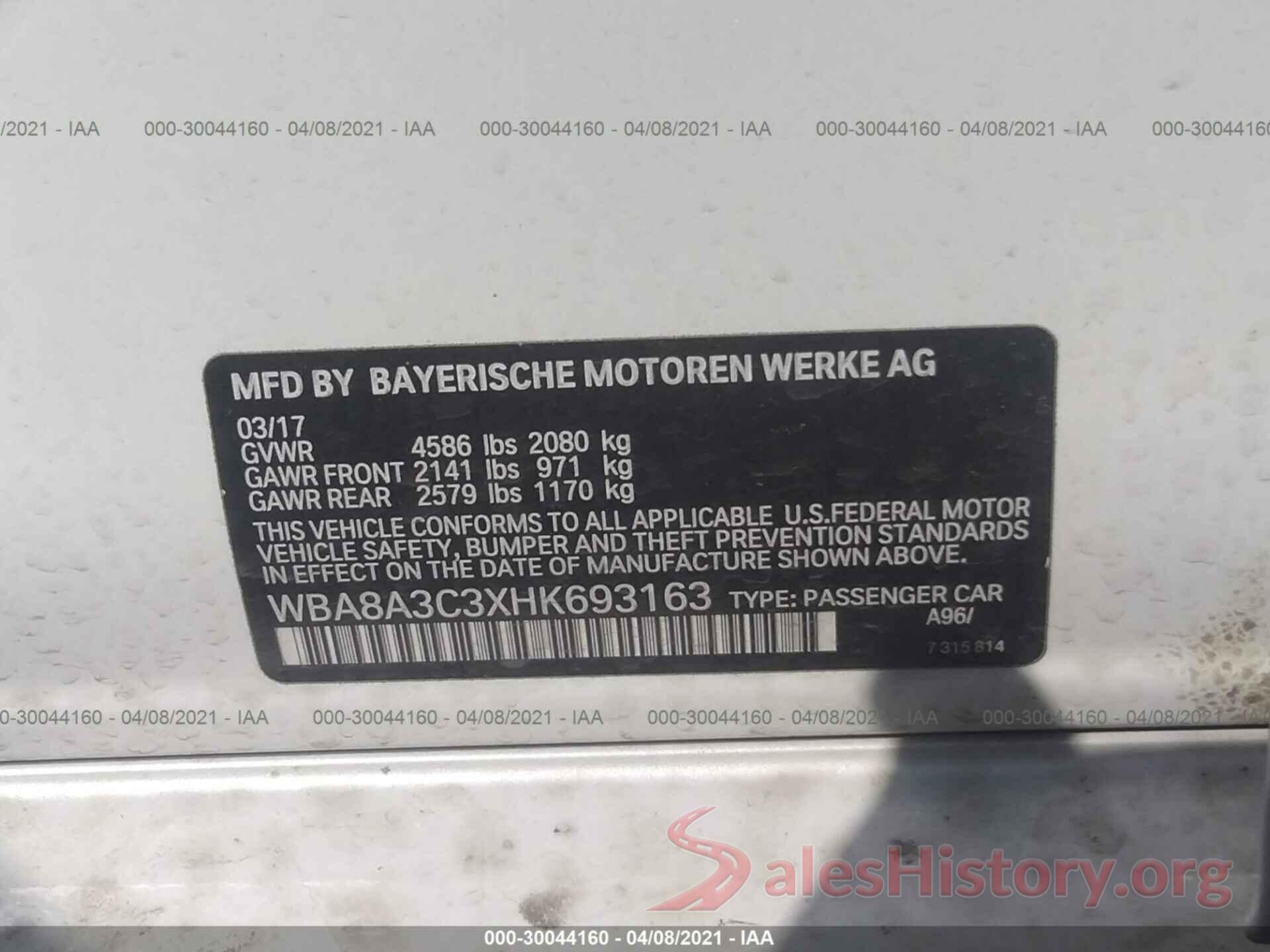 WBA8A3C3XHK693163 2017 BMW 3 SERIES